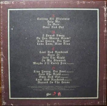 <u>PRESSING INFO</u><br><table class=inf_press><tbody><tr class=inf_info><td class=inf_title>Album:</td><td class=inf_info> Agony & Irony on Red | Red  </td></tr>
    <td class=inf_title>Pressing:</td><td> Third Pressing /500  </td></tr>
    <td class=inf_title>Release Date:</td><td> June 4th 2013  </td></tr>
    <td class=inf_title>Album Pressed:</td><td> 2013  </td></tr>
    <td class=inf_title>Label:</td><td> ShopRadioCast - SRCVINYL 021  </td></tr>
    <td class=inf_title>Insert:</td><td> none  </td></tr>
    <td class=inf_title>Barcode:</td><td> none  </td></tr>
    <td class=inf_title>Side A Matrix:</td><td> SRCVINYL021 A 𝓛𝓤𝓒𝓚𝓨‚ 88765-43623-1 A  </td></tr>
    <td class=inf_title>Side B Matrix:</td><td> SRC021VINYL B 𝓛𝓤𝓒𝓚𝓨‚ 88765-43623-1 B  </td></tr>
    <td class=inf_title>Side C Matrix:</td><td> SRCVINYL 021 C 𝓛𝓤𝓒𝓚𝓨‚  </td></tr>
    <td class=inf_title>Side D Matrix:</td><td> SRCVINYL 021 D 𝓛𝓤𝓒𝓚𝓨‚  </td></tr>
    <td class=inf_title>&nbsp;</td><td> <a href=https://www.discogs.com/release/4616276 target=_blank rel=noopener noreferrer>View This Release on Discogs</a>  </tr></tbody></table>
<br><u>PRICING</u><span class='less' style='padding-left: 8px; color: var(--font-colour_grey);'>(prices shown in USD)</span><br><table class='inf_press'><tbody><tr class='inf_info'>
            <td class='inf_title'>Last Sold:</td>
            <td>$150.00 (Nov 23, 2025)</td>
            </tr><tr class='inf_info'>
            <td class='inf_title'>History:</td>
            <td>
                <span class='price-low' title='Sold on Jan 18, 2017'>Low: <span class='price-value'>$19.99</span></span>
                <span class='price-separator'>|</span>
                <span class='price-avg'>Avg: <span class='price-value'>$61.72</span></span>
                <span class='price-separator'>|</span>
                <span class='price-high' title='Sold on Nov 23, 2025'>High: <span class='price-value'>$150.00</span></span>
            </td>
            </tr></tbody></table><br>    <br><br><u>TRACKLIST</u><br><table class='inf_tracks'><tbody><tr>
            <td class='inf_num'>A1</td>
            <td class='inf_trk'>Calling All Skeletons</td>
            <td class='inf_len'>3:19</td>
            <td><a href='#' class='lyric-link' data-album-code='ai' data-song-title='Calling All Skeletons'>Lyrics</a></td></tr><tr>
            <td class='inf_num'>A2</td>
            <td class='inf_trk'>Help Me</td>
            <td class='inf_len'>3:45</td>
            <td><a href='#' class='lyric-link' data-album-code='ai' data-song-title='Help Me'>Lyrics</a></td></tr><tr>
            <td class='inf_num'>A3</td>
            <td class='inf_trk'>In Vein</td>
            <td class='inf_len'>3:56</td>
            <td><a href='#' class='lyric-link' data-album-code='ai' data-song-title='In Vein'>Lyrics</a></td></tr><tr>
            <td class='inf_num'>A4</td>
            <td class='inf_trk'>Over And Out</td>
            <td class='inf_len'>3:14</td>
            <td><a href='#' class='lyric-link' data-album-code='ai' data-song-title='Over And Out'>Lyrics</a></td></tr><tr>
            <td class='inf_num'>B1</td>
            <td class='inf_trk'>I Found Away</td>
            <td class='inf_len'>4:01</td>
            <td><a href='#' class='lyric-link' data-album-code='ai' data-song-title='I Found Away'>Lyrics</a></td></tr><tr>
            <td class='inf_num'>B2</td>
            <td class='inf_trk'>Do You Wanna Know?</td>
            <td class='inf_len'>3:36</td>
            <td><a href='#' class='lyric-link' data-album-code='ai' data-song-title='Do You Wanna Know?'>Lyrics</a></td></tr><tr>
            <td class='inf_num'>B3</td>
            <td class='inf_trk'>Live Young, Die Fast</td>
            <td class='inf_len'>4:14</td>
            <td><a href='#' class='lyric-link' data-album-code='ai' data-song-title='Live Young, Die Fast'>Lyrics</a></td></tr><tr>
            <td class='inf_num'>B4</td>
            <td class='inf_trk'>Love Love, Kiss Kiss</td>
            <td class='inf_len'>3:25</td>
            <td><a href='#' class='lyric-link' data-album-code='ai' data-song-title='Love Love, Kiss Kiss'>Lyrics</a></td></tr><tr>
            <td class='inf_num'>C1</td>
            <td class='inf_trk'>Lost And Rendered</td>
            <td class='inf_len'>3:23</td>
            <td><a href='#' class='lyric-link' data-album-code='ai' data-song-title='Lost And Rendered'>Lyrics</a></td></tr><tr>
            <td class='inf_num'>C2</td>
            <td class='inf_trk'>Ruin It</td>
            <td class='inf_len'>3:36</td>
            <td><a href='#' class='lyric-link' data-album-code='ai' data-song-title='Ruin It'>Lyrics</a></td></tr><tr>
            <td class='inf_num'>C3</td>
            <td class='inf_trk'>Into The Night</td>
            <td class='inf_len'>3:23</td>
            <td><a href='#' class='lyric-link' data-album-code='ai' data-song-title='Into The Night'>Lyrics</a></td></tr><tr>
            <td class='inf_num'>C4</td>
            <td class='inf_trk'>In My Stomach</td>
            <td class='inf_len'>3:53</td>
            <td><a href='#' class='lyric-link' data-album-code='ai' data-song-title='In My Stomach'>Lyrics</a></td></tr><tr>
            <td class='inf_num'>C5</td>
            <td class='inf_trk'>Maybe Ill Catch Fire (Acoustic)</td>
            <td class='inf_len'>3:04</td>
            <td><a href='#' class='lyric-link' data-album-code='ai' data-song-title='Maybe Ill Catch Fire (Acoustic)'>Lyrics</a></td></tr><tr>
            <td class='inf_num'>D1</td>
            <td class='inf_trk'>Live Young, Die Fast (Acoustic)</td>
            <td class='inf_len'>3:19</td>
            <td><a href='#' class='lyric-link' data-album-code='ai' data-song-title='Live Young, Die Fast (Acoustic)'>Lyrics</a></td></tr><tr>
            <td class='inf_num'>D2</td>
            <td class='inf_trk'>Into The Night (Acoustic)</td>
            <td class='inf_len'>3:12</td>
            <td><a href='#' class='lyric-link' data-album-code='ai' data-song-title='Into The Night (Acoustic)'>Lyrics</a></td></tr><tr>
            <td class='inf_num'>D3</td>
            <td class='inf_trk'>Over And Out (Acoustic)</td>
            <td class='inf_len'>2:47</td>
            <td><a href='#' class='lyric-link' data-album-code='ai' data-song-title='Over And Out (Acoustic)'>Lyrics</a></td></tr><tr>
            <td class='inf_num'>D4</td>
            <td class='inf_trk'>Lost And Rendered (Acoustic)</td>
            <td class='inf_len'>3:13</td>
            <td><a href='#' class='lyric-link' data-album-code='ai' data-song-title='Lost And Rendered (Acoustic)'>Lyrics</a></td></tr><tr>
            <td class='inf_num'>D5</td>
            <td class='inf_trk'>Burned Is The House</td>
            <td class='inf_len'>4:26</td>
            <td><a href='#' class='lyric-link' data-album-code='ai' data-song-title='Burned Is The House'>Lyrics</a></td></tr></tbody></table><br><br>
    <u>NOTES</u><br> Matte finish Trifold sleeve with lyric book. Alkaline Trio is not printed on sleeve, but is a sticker on the outer poly sleeve.
 - Back