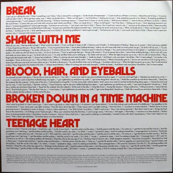 <u>PRESSING INFO</u><br><table class=inf_press><tbody><tr class=inf_info><td class=inf_title>Album:</td><td class=inf_info> Blood, Hair, And Eyeballs on 180g Black  </td></tr>
    <td class=inf_title>Pressing:</td><td> First Pressing /3575  </td></tr>
    <td class=inf_title>Release Date:</td><td> Jan. 26th 2024  </td></tr>
    <td class=inf_title>Album Pressed:</td><td> 2024  </td></tr>
    <td class=inf_title>Label:</td><td> Rise Records 536-1  </td></tr>
    <td class=inf_title>Insert:</td><td> Double Sided Glossy  </td></tr>
    <td class=inf_title>Barcode:</td><td> 4 099954-000146  </td></tr>
    <td class=inf_title>Side A Matrix:</td><td> 1D-102761 / RISE536-1-A 273896E1/A  </td></tr>
    <td class=inf_title>Side B Matrix:</td><td> 10-102761 / RISE536-1-B 273896E2/A  </td></tr>
    <td class=inf_title>&nbsp;</td><td> <a href=https://www.discogs.com/release/29606347 target=_blank rel=noopener noreferrer>View This Release on Discogs</a>  </tr></tbody></table>
<br><u>PRICING</u><span class='less' style='padding-left: 8px; color: var(--font-colour_grey);'>(prices shown in USD)</span><br><table class='inf_press'><tbody><tr class='inf_info'>
            <td class='inf_title'>Last Sold:</td>
            <td><span title='Sold for €24.50'>$27.90</span> (Mar 2, 2026)</td>
            </tr><tr class='inf_info'>
            <td class='inf_title'>History:</td>
            <td>
                <span class='price-low' title='£10.00 · Sold on Oct 30, 2025'>Low: <span class='price-value'>$13.32</span></span>
                <span class='price-separator'>|</span>
                <span class='price-avg'>Avg: <span class='price-value'>$24.49</span></span>
                <span class='price-separator'>|</span>
                <span class='price-high' title='€30.90 · Sold on Nov 25, 2025'>High: <span class='price-value'>$35.19</span></span>
            </td>
            </tr></tbody></table><br>    <br><br><u>TRACKLIST</u><br><table class='inf_tracks'><tbody><tr>
            <td class='inf_num'>A1</td>
            <td class='inf_trk'>Hot For Preacher</td>
            <td class='inf_len'>3:46</td>
            <td><a href='#' class='lyric-link' data-album-code='bhe' data-song-title='Hot For Preacher'>Lyrics</a></td></tr><tr>
            <td class='inf_num'>A2</td>
            <td class='inf_trk'>Meet Me</td>
            <td class='inf_len'>3:54</td>
            <td><a href='#' class='lyric-link' data-album-code='bhe' data-song-title='Meet Me'>Lyrics</a></td></tr><tr>
            <td class='inf_num'>A3</td>
            <td class='inf_trk'>Versions Of You</td>
            <td class='inf_len'>3:14</td>
            <td><a href='#' class='lyric-link' data-album-code='bhe' data-song-title='Versions Of You'>Lyrics</a></td></tr><tr>
            <td class='inf_num'>A4</td>
            <td class='inf_trk'>Bad Time</td>
            <td class='inf_len'>2:55</td>
            <td><a href='#' class='lyric-link' data-album-code='bhe' data-song-title='Bad Time'>Lyrics</a></td></tr><tr>
            <td class='inf_num'>A5</td>
            <td class='inf_trk'>Scars</td>
            <td class='inf_len'>3:28</td>
            <td><a href='#' class='lyric-link' data-album-code='bhe' data-song-title='Scars'>Lyrics</a></td></tr><tr>
            <td class='inf_num'>A6</td>
            <td class='inf_trk'>Break</td>
            <td class='inf_len'>3:24</td>
            <td><a href='#' class='lyric-link' data-album-code='bhe' data-song-title='Break'>Lyrics</a></td></tr><tr>
            <td class='inf_num'>B1</td>
            <td class='inf_trk'>Shake With Me</td>
            <td class='inf_len'>3:59</td>
            <td><a href='#' class='lyric-link' data-album-code='bhe' data-song-title='Shake With Me'>Lyrics</a></td></tr><tr>
            <td class='inf_num'>B2</td>
            <td class='inf_trk'>Blood, Hair, And Eyeballs</td>
            <td class='inf_len'>3:01</td>
            <td><a href='#' class='lyric-link' data-album-code='bhe' data-song-title='Blood, Hair, And Eyeballs'>Lyrics</a></td></tr><tr>
            <td class='inf_num'>B3</td>
            <td class='inf_trk'>Hinterlude</td>
            <td class='inf_len'>1:05</td>
            <td><a href='#' class='lyric-link' data-album-code='bhe' data-song-title='Hinterlude'>Lyrics</a></td></tr><tr>
            <td class='inf_num'>B4</td>
            <td class='inf_trk'>Broken Down In A Time Machine</td>
            <td class='inf_len'>3:03</td>
            <td><a href='#' class='lyric-link' data-album-code='bhe' data-song-title='Broken Down In A Time Machine'>Lyrics</a></td></tr><tr>
            <td class='inf_num'>B5</td>
            <td class='inf_trk'>Teenage Heart</td>
            <td class='inf_len'>4:04</td>
            <td><a href='#' class='lyric-link' data-album-code='bhe' data-song-title='Teenage Heart'>Lyrics</a></td></tr></tbody></table><br><br>
    <u>NOTES</u><br> Catalog number for this variant is 536-1
 - Insert2