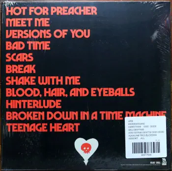 <u>PRESSING INFO</u><br><table class=inf_press><tbody><tr class=inf_info><td class=inf_title>Album:</td><td class=inf_info> Blood, Hair, And Eyeballs on 180g Bone & Black Color in Color (Urban Outfitters Exclusive)  </td></tr>
    <td class=inf_title>Pressing:</td><td> First Pressing /300  </td></tr>
    <td class=inf_title>Release Date:</td><td> Jan. 26th 2024  </td></tr>
    <td class=inf_title>Album Pressed:</td><td> 2024  </td></tr>
    <td class=inf_title>Label:</td><td> Rise Records 536-10  </td></tr>
    <td class=inf_title>Insert:</td><td> Double Sided Glossy  </td></tr>
    <td class=inf_title>Barcode:</td><td> 4 099954-002492  </td></tr>
    <td class=inf_title>Side A Matrix:</td><td> 1D-102761 / RISE536-1-A 273896E1/A  </td></tr>
    <td class=inf_title>Side B Matrix:</td><td> 10-102761 / RISE536-1-B 273896E2/A  </td></tr>
    <td class=inf_title>&nbsp;</td><td> <a href=https://www.discogs.com/release/29757673 target=_blank rel=noopener noreferrer>View This Release on Discogs</a>  </tr></tbody></table>
<br><u>PRICING</u><span class='less' style='padding-left: 8px; color: var(--font-colour_grey);'>(prices shown in USD)</span><br><table class='inf_press'><tbody><tr class='inf_info'>
            <td class='inf_title'>Last Sold:</td>
            <td>$30.00 (Feb 13, 2026)</td>
            </tr><tr class='inf_info'>
            <td class='inf_title'>History:</td>
            <td>
                <span class='price-low' title='Sold on Jun 14, 2024'>Low: <span class='price-value'>$27.00</span></span>
                <span class='price-separator'>|</span>
                <span class='price-avg'>Avg: <span class='price-value'>$43.88</span></span>
                <span class='price-separator'>|</span>
                <span class='price-high' title='£46.95 · Sold on Mar 15, 2024'>High: <span class='price-value'>$62.52</span></span>
            </td>
            </tr></tbody></table><br>    <br><br><u>TRACKLIST</u><br><table class='inf_tracks'><tbody><tr>
            <td class='inf_num'>A1</td>
            <td class='inf_trk'>Hot For Preacher</td>
            <td class='inf_len'>3:46</td>
            <td><a href='#' class='lyric-link' data-album-code='bhe' data-song-title='Hot For Preacher'>Lyrics</a></td></tr><tr>
            <td class='inf_num'>A2</td>
            <td class='inf_trk'>Meet Me</td>
            <td class='inf_len'>3:54</td>
            <td><a href='#' class='lyric-link' data-album-code='bhe' data-song-title='Meet Me'>Lyrics</a></td></tr><tr>
            <td class='inf_num'>A3</td>
            <td class='inf_trk'>Versions Of You</td>
            <td class='inf_len'>3:14</td>
            <td><a href='#' class='lyric-link' data-album-code='bhe' data-song-title='Versions Of You'>Lyrics</a></td></tr><tr>
            <td class='inf_num'>A4</td>
            <td class='inf_trk'>Bad Time</td>
            <td class='inf_len'>2:55</td>
            <td><a href='#' class='lyric-link' data-album-code='bhe' data-song-title='Bad Time'>Lyrics</a></td></tr><tr>
            <td class='inf_num'>A5</td>
            <td class='inf_trk'>Scars</td>
            <td class='inf_len'>3:28</td>
            <td><a href='#' class='lyric-link' data-album-code='bhe' data-song-title='Scars'>Lyrics</a></td></tr><tr>
            <td class='inf_num'>A6</td>
            <td class='inf_trk'>Break</td>
            <td class='inf_len'>3:24</td>
            <td><a href='#' class='lyric-link' data-album-code='bhe' data-song-title='Break'>Lyrics</a></td></tr><tr>
            <td class='inf_num'>B1</td>
            <td class='inf_trk'>Shake With Me</td>
            <td class='inf_len'>3:59</td>
            <td><a href='#' class='lyric-link' data-album-code='bhe' data-song-title='Shake With Me'>Lyrics</a></td></tr><tr>
            <td class='inf_num'>B2</td>
            <td class='inf_trk'>Blood, Hair, And Eyeballs</td>
            <td class='inf_len'>3:01</td>
            <td><a href='#' class='lyric-link' data-album-code='bhe' data-song-title='Blood, Hair, And Eyeballs'>Lyrics</a></td></tr><tr>
            <td class='inf_num'>B3</td>
            <td class='inf_trk'>Hinterlude</td>
            <td class='inf_len'>1:05</td>
            <td><a href='#' class='lyric-link' data-album-code='bhe' data-song-title='Hinterlude'>Lyrics</a></td></tr><tr>
            <td class='inf_num'>B4</td>
            <td class='inf_trk'>Broken Down In A Time Machine</td>
            <td class='inf_len'>3:03</td>
            <td><a href='#' class='lyric-link' data-album-code='bhe' data-song-title='Broken Down In A Time Machine'>Lyrics</a></td></tr><tr>
            <td class='inf_num'>B5</td>
            <td class='inf_trk'>Teenage Heart</td>
            <td class='inf_len'>4:04</td>
            <td><a href='#' class='lyric-link' data-album-code='bhe' data-song-title='Teenage Heart'>Lyrics</a></td></tr></tbody></table><br><br>
    <u>NOTES</u><br> Sold as 'Bone and Black' on the website, but is actually Black in Clear colour in colour similar to the Zia exclusive. Catalog number for this variant is 536-10
 - Back