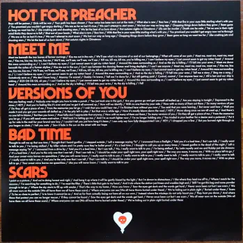 <u>PRESSING INFO</u><br><table class=inf_press><tbody><tr class=inf_info><td class=inf_title>Album:</td><td class=inf_info> Blood, Hair, And Eyeballs on 180g Bone & Black Color in Color (Urban Outfitters Exclusive)  </td></tr>
    <td class=inf_title>Pressing:</td><td> First Pressing /300  </td></tr>
    <td class=inf_title>Release Date:</td><td> Jan. 26th 2024  </td></tr>
    <td class=inf_title>Album Pressed:</td><td> 2024  </td></tr>
    <td class=inf_title>Label:</td><td> Rise Records 536-10  </td></tr>
    <td class=inf_title>Insert:</td><td> Double Sided Glossy  </td></tr>
    <td class=inf_title>Barcode:</td><td> 4 099954-002492  </td></tr>
    <td class=inf_title>Side A Matrix:</td><td> 1D-102761 / RISE536-1-A 273896E1/A  </td></tr>
    <td class=inf_title>Side B Matrix:</td><td> 10-102761 / RISE536-1-B 273896E2/A  </td></tr>
    <td class=inf_title>&nbsp;</td><td> <a href=https://www.discogs.com/release/29757673 target=_blank rel=noopener noreferrer>View This Release on Discogs</a>  </tr></tbody></table>
<br><u>PRICING</u><span class='less' style='padding-left: 8px; color: var(--font-colour_grey);'>(prices shown in USD)</span><br><table class='inf_press'><tbody><tr class='inf_info'>
            <td class='inf_title'>Last Sold:</td>
            <td>$30.00 (Feb 13, 2026)</td>
            </tr><tr class='inf_info'>
            <td class='inf_title'>History:</td>
            <td>
                <span class='price-low' title='Sold on Jun 14, 2024'>Low: <span class='price-value'>$27.00</span></span>
                <span class='price-separator'>|</span>
                <span class='price-avg'>Avg: <span class='price-value'>$43.88</span></span>
                <span class='price-separator'>|</span>
                <span class='price-high' title='£46.95 · Sold on Mar 15, 2024'>High: <span class='price-value'>$62.52</span></span>
            </td>
            </tr></tbody></table><br>    <br><br><u>TRACKLIST</u><br><table class='inf_tracks'><tbody><tr>
            <td class='inf_num'>A1</td>
            <td class='inf_trk'>Hot For Preacher</td>
            <td class='inf_len'>3:46</td>
            <td><a href='#' class='lyric-link' data-album-code='bhe' data-song-title='Hot For Preacher'>Lyrics</a></td></tr><tr>
            <td class='inf_num'>A2</td>
            <td class='inf_trk'>Meet Me</td>
            <td class='inf_len'>3:54</td>
            <td><a href='#' class='lyric-link' data-album-code='bhe' data-song-title='Meet Me'>Lyrics</a></td></tr><tr>
            <td class='inf_num'>A3</td>
            <td class='inf_trk'>Versions Of You</td>
            <td class='inf_len'>3:14</td>
            <td><a href='#' class='lyric-link' data-album-code='bhe' data-song-title='Versions Of You'>Lyrics</a></td></tr><tr>
            <td class='inf_num'>A4</td>
            <td class='inf_trk'>Bad Time</td>
            <td class='inf_len'>2:55</td>
            <td><a href='#' class='lyric-link' data-album-code='bhe' data-song-title='Bad Time'>Lyrics</a></td></tr><tr>
            <td class='inf_num'>A5</td>
            <td class='inf_trk'>Scars</td>
            <td class='inf_len'>3:28</td>
            <td><a href='#' class='lyric-link' data-album-code='bhe' data-song-title='Scars'>Lyrics</a></td></tr><tr>
            <td class='inf_num'>A6</td>
            <td class='inf_trk'>Break</td>
            <td class='inf_len'>3:24</td>
            <td><a href='#' class='lyric-link' data-album-code='bhe' data-song-title='Break'>Lyrics</a></td></tr><tr>
            <td class='inf_num'>B1</td>
            <td class='inf_trk'>Shake With Me</td>
            <td class='inf_len'>3:59</td>
            <td><a href='#' class='lyric-link' data-album-code='bhe' data-song-title='Shake With Me'>Lyrics</a></td></tr><tr>
            <td class='inf_num'>B2</td>
            <td class='inf_trk'>Blood, Hair, And Eyeballs</td>
            <td class='inf_len'>3:01</td>
            <td><a href='#' class='lyric-link' data-album-code='bhe' data-song-title='Blood, Hair, And Eyeballs'>Lyrics</a></td></tr><tr>
            <td class='inf_num'>B3</td>
            <td class='inf_trk'>Hinterlude</td>
            <td class='inf_len'>1:05</td>
            <td><a href='#' class='lyric-link' data-album-code='bhe' data-song-title='Hinterlude'>Lyrics</a></td></tr><tr>
            <td class='inf_num'>B4</td>
            <td class='inf_trk'>Broken Down In A Time Machine</td>
            <td class='inf_len'>3:03</td>
            <td><a href='#' class='lyric-link' data-album-code='bhe' data-song-title='Broken Down In A Time Machine'>Lyrics</a></td></tr><tr>
            <td class='inf_num'>B5</td>
            <td class='inf_trk'>Teenage Heart</td>
            <td class='inf_len'>4:04</td>
            <td><a href='#' class='lyric-link' data-album-code='bhe' data-song-title='Teenage Heart'>Lyrics</a></td></tr></tbody></table><br><br>
    <u>NOTES</u><br> Sold as 'Bone and Black' on the website, but is actually Black in Clear colour in colour similar to the Zia exclusive. Catalog number for this variant is 536-10
 - Insert