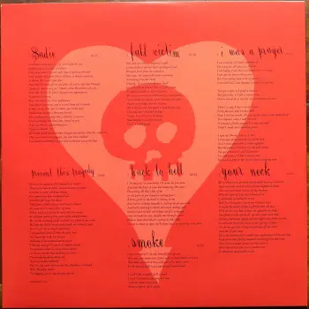 <u>PRESSING INFO</u><br><table class=inf_press><tbody><tr class=inf_info><td class=inf_title>Album:</td><td class=inf_info> Crimson on Black | Black (Vagrant 25th Anniversary)  </td></tr>
    <td class=inf_title>Pressing:</td><td> Fourth Pressing /??  </td></tr>
    <td class=inf_title>Release Date:</td><td> June 9th 2023  </td></tr>
    <td class=inf_title>Album Pressed:</td><td> 2023  </td></tr>
    <td class=inf_title>Label:</td><td> Vagrant Records/BMG - 538801100  </td></tr>
    <td class=inf_title>Insert:</td><td> none  </td></tr>
    <td class=inf_title>Barcode:</td><td> 4 050538-801101  </td></tr>
    <td class=inf_title>Side A Matrix:</td><td> [stamped] MPO®23 300826 [etched] 538801100 A Kr SST  </td></tr>
    <td class=inf_title>Side B Matrix:</td><td> [stamped] MPO®23 300827 [etched] 538801100 B Kr SST  </td></tr>
    <td class=inf_title>Side C Matrix:</td><td> [stamped] MPO®23 300693 [etched] 538801100 C Kr SST  </td></tr>
    <td class=inf_title>Side D Matrix:</td><td> [stamped] MPO®23 300690 [etched] 538801100 D Kr SST  </td></tr>
    <td class=inf_title>&nbsp;</td><td> <a href=https://www.discogs.com/release/27354522 target=_blank rel=noopener noreferrer>View This Release on Discogs</a>  </tr></tbody></table>
<br><u>PRICING</u><span class='less' style='padding-left: 8px; color: var(--font-colour_grey);'>(prices shown in USD)</span><br><table class='inf_press'><tbody><tr class='inf_info'>
            <td class='inf_title'>Last Sold:</td>
            <td>$39.99 (Jan 23, 2026)</td>
            </tr><tr class='inf_info'>
            <td class='inf_title'>History:</td>
            <td>
                <span class='price-low' title='Sold on Dec 18, 2023'>Low: <span class='price-value'>$18.00</span></span>
                <span class='price-separator'>|</span>
                <span class='price-avg'>Avg: <span class='price-value'>$36.13</span></span>
                <span class='price-separator'>|</span>
                <span class='price-high' title='€50.90 · Sold on Nov 9, 2023'>High: <span class='price-value'>$57.97</span></span>
            </td>
            </tr></tbody></table><br>    <br><br><u>TRACKLIST</u><br><table class='inf_tracks'><tbody><tr>
            <td class='inf_num'>A1</td>
            <td class='inf_trk'>Time To Waste</td>
            <td class='inf_len'>4:11</td>
            <td><a href='#' class='lyric-link' data-album-code='crimson' data-song-title='Time To Waste'>Lyrics</a></td></tr><tr>
            <td class='inf_num'>A2</td>
            <td class='inf_trk'>The Poison</td>
            <td class='inf_len'>2:04</td>
            <td><a href='#' class='lyric-link' data-album-code='crimson' data-song-title='The Poison'>Lyrics</a></td></tr><tr>
            <td class='inf_num'>A3</td>
            <td class='inf_trk'>Burn</td>
            <td class='inf_len'>4:05</td>
            <td><a href='#' class='lyric-link' data-album-code='crimson' data-song-title='Burn'>Lyrics</a></td></tr><tr>
            <td class='inf_num'>B1</td>
            <td class='inf_trk'>Mercy Me</td>
            <td class='inf_len'>2:49</td>
            <td><a href='#' class='lyric-link' data-album-code='crimson' data-song-title='Mercy Me'>Lyrics</a></td></tr><tr>
            <td class='inf_num'>B2</td>
            <td class='inf_trk'>Dethbed</td>
            <td class='inf_len'>3:03</td>
            <td><a href='#' class='lyric-link' data-album-code='crimson' data-song-title='Dethbed'>Lyrics</a></td></tr><tr>
            <td class='inf_num'>B3</td>
            <td class='inf_trk'>Settle For Satin</td>
            <td class='inf_len'>3:49</td>
            <td><a href='#' class='lyric-link' data-album-code='crimson' data-song-title='Settle For Satin'>Lyrics</a></td></tr><tr>
            <td class='inf_num'>C1</td>
            <td class='inf_trk'>Sadie</td>
            <td class='inf_len'>4:39</td>
            <td><a href='#' class='lyric-link' data-album-code='crimson' data-song-title='Sadie'>Lyrics</a></td></tr><tr>
            <td class='inf_num'>C2</td>
            <td class='inf_trk'>Fall Victim</td>
            <td class='inf_len'>3:18</td>
            <td><a href='#' class='lyric-link' data-album-code='crimson' data-song-title='Fall Victim'>Lyrics</a></td></tr><tr>
            <td class='inf_num'>C3</td>
            <td class='inf_trk'>I Was A Prayer</td>
            <td class='inf_len'>2:36</td>
            <td><a href='#' class='lyric-link' data-album-code='crimson' data-song-title='I Was A Prayer'>Lyrics</a></td></tr><tr>
            <td class='inf_num'>D1</td>
            <td class='inf_trk'>Prevent This Tragedy</td>
            <td class='inf_len'>3:06</td>
            <td><a href='#' class='lyric-link' data-album-code='crimson' data-song-title='Prevent This Tragedy'>Lyrics</a></td></tr><tr>
            <td class='inf_num'>D2</td>
            <td class='inf_trk'>Back To Hell</td>
            <td class='inf_len'>2:54</td>
            <td><a href='#' class='lyric-link' data-album-code='crimson' data-song-title='Back To Hell'>Lyrics</a></td></tr><tr>
            <td class='inf_num'>D3</td>
            <td class='inf_trk'>Your Neck</td>
            <td class='inf_len'>3:15</td>
            <td><a href='#' class='lyric-link' data-album-code='crimson' data-song-title='Your Neck'>Lyrics</a></td></tr><tr>
            <td class='inf_num'>D4</td>
            <td class='inf_trk'>Smoke</td>
            <td class='inf_len'>2:59</td>
            <td><a href='#' class='lyric-link' data-album-code='crimson' data-song-title='Smoke'>Lyrics</a></td></tr></tbody></table><br><br>
    <u>NOTES</u><br> Vagrant 2023 2x10 Reissue on Black vinyl
 - Sleeve3