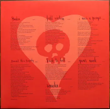 <u>PRESSING INFO</u><br><table class=inf_press><tbody><tr class=inf_info><td class=inf_title>Album:</td><td class=inf_info> Crimson on Red & Black Marble | Red & Black Marble (Newbury Comics Exclusive)  </td></tr>
    <td class=inf_title>Pressing:</td><td> Fourth Pressing /1200  </td></tr>
    <td class=inf_title>Release Date:</td><td> June 9th 2023  </td></tr>
    <td class=inf_title>Album Pressed:</td><td> 2023  </td></tr>
    <td class=inf_title>Label:</td><td> Vagrant Records/BMG - 538801100  </td></tr>
    <td class=inf_title>Insert:</td><td> none  </td></tr>
    <td class=inf_title>Barcode:</td><td> 4 050538-801101  </td></tr>
    <td class=inf_title>Side A Matrix:</td><td> [stamped] MPO®23 301247 [etched] 538801100 A Kr SST  </td></tr>
    <td class=inf_title>Side B Matrix:</td><td> [stamped] MPO®23 302959 [etched] 538801100 B Kr SST  </td></tr>
    <td class=inf_title>Side C Matrix:</td><td> [stamped] MPO®23 302918 [etched] 538801100 C Kr SST  </td></tr>
    <td class=inf_title>Side D Matrix:</td><td> [stamped] MPO®23 302919 [etched] 538801100 D Kr SST  </td></tr>
    <td class=inf_title>&nbsp;</td><td> <a href=https://www.discogs.com/release/27356385 target=_blank rel=noopener noreferrer>View This Release on Discogs</a>  </tr></tbody></table>
<br><u>PRICING</u><span class='less' style='padding-left: 8px; color: var(--font-colour_grey);'>(prices shown in USD)</span><br><table class='inf_press'><tbody><tr class='inf_info'>
            <td class='inf_title'>Last Sold:</td>
            <td>$28.00 (Jun 23, 2026)</td>
            </tr><tr class='inf_info'>
            <td class='inf_title'>History:</td>
            <td>
                <span class='price-low' title='Sold on Oct 3, 2024'>Low: <span class='price-value'>$21.99</span></span>
                <span class='price-separator'>|</span>
                <span class='price-avg'>Avg: <span class='price-value'>$35.16</span></span>
                <span class='price-separator'>|</span>
                <span class='price-high' title='£43.95 · Sold on Jan 7, 2024'>High: <span class='price-value'>$58.53</span></span>
            </td>
            </tr></tbody></table><br>    <br><br><u>TRACKLIST</u><br><table class='inf_tracks'><tbody><tr>
            <td class='inf_num'>A1</td>
            <td class='inf_trk'>Time To Waste</td>
            <td class='inf_len'>4:11</td>
            <td><a href='#' class='lyric-link' data-album-code='crimson' data-song-title='Time To Waste'>Lyrics</a></td></tr><tr>
            <td class='inf_num'>A2</td>
            <td class='inf_trk'>The Poison</td>
            <td class='inf_len'>2:04</td>
            <td><a href='#' class='lyric-link' data-album-code='crimson' data-song-title='The Poison'>Lyrics</a></td></tr><tr>
            <td class='inf_num'>A3</td>
            <td class='inf_trk'>Burn</td>
            <td class='inf_len'>4:05</td>
            <td><a href='#' class='lyric-link' data-album-code='crimson' data-song-title='Burn'>Lyrics</a></td></tr><tr>
            <td class='inf_num'>B1</td>
            <td class='inf_trk'>Mercy Me</td>
            <td class='inf_len'>2:49</td>
            <td><a href='#' class='lyric-link' data-album-code='crimson' data-song-title='Mercy Me'>Lyrics</a></td></tr><tr>
            <td class='inf_num'>B2</td>
            <td class='inf_trk'>Dethbed</td>
            <td class='inf_len'>3:03</td>
            <td><a href='#' class='lyric-link' data-album-code='crimson' data-song-title='Dethbed'>Lyrics</a></td></tr><tr>
            <td class='inf_num'>B3</td>
            <td class='inf_trk'>Settle For Satin</td>
            <td class='inf_len'>3:49</td>
            <td><a href='#' class='lyric-link' data-album-code='crimson' data-song-title='Settle For Satin'>Lyrics</a></td></tr><tr>
            <td class='inf_num'>C1</td>
            <td class='inf_trk'>Sadie</td>
            <td class='inf_len'>4:39</td>
            <td><a href='#' class='lyric-link' data-album-code='crimson' data-song-title='Sadie'>Lyrics</a></td></tr><tr>
            <td class='inf_num'>C2</td>
            <td class='inf_trk'>Fall Victim</td>
            <td class='inf_len'>3:18</td>
            <td><a href='#' class='lyric-link' data-album-code='crimson' data-song-title='Fall Victim'>Lyrics</a></td></tr><tr>
            <td class='inf_num'>C3</td>
            <td class='inf_trk'>I Was A Prayer</td>
            <td class='inf_len'>2:36</td>
            <td><a href='#' class='lyric-link' data-album-code='crimson' data-song-title='I Was A Prayer'>Lyrics</a></td></tr><tr>
            <td class='inf_num'>D1</td>
            <td class='inf_trk'>Prevent This Tragedy</td>
            <td class='inf_len'>3:06</td>
            <td><a href='#' class='lyric-link' data-album-code='crimson' data-song-title='Prevent This Tragedy'>Lyrics</a></td></tr><tr>
            <td class='inf_num'>D2</td>
            <td class='inf_trk'>Back To Hell</td>
            <td class='inf_len'>2:54</td>
            <td><a href='#' class='lyric-link' data-album-code='crimson' data-song-title='Back To Hell'>Lyrics</a></td></tr><tr>
            <td class='inf_num'>D3</td>
            <td class='inf_trk'>Your Neck</td>
            <td class='inf_len'>3:15</td>
            <td><a href='#' class='lyric-link' data-album-code='crimson' data-song-title='Your Neck'>Lyrics</a></td></tr><tr>
            <td class='inf_num'>D4</td>
            <td class='inf_trk'>Smoke</td>
            <td class='inf_len'>2:59</td>
            <td><a href='#' class='lyric-link' data-album-code='crimson' data-song-title='Smoke'>Lyrics</a></td></tr></tbody></table><br><br>
    <u>NOTES</u><br> Vagrant 2023 2x10 Reissue on red and black marble
 - Sleeve3