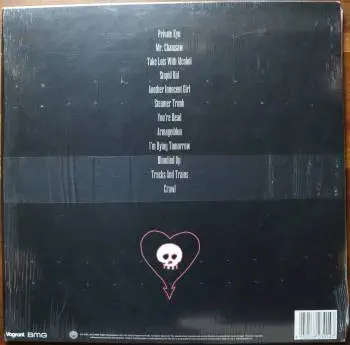 <u>PRESSING INFO</u><br><table class=inf_press><tbody><tr class=inf_info><td class=inf_title>Album:</td><td class=inf_info> From Here To Infirmary on Red & Black Split (Vagrant 20th Anniversary)  </td></tr>
    <td class=inf_title>Pressing:</td><td> Third Pressing /1500  </td></tr>
    <td class=inf_title>Release Date:</td><td> Feb. 8th 2017  </td></tr>
    <td class=inf_title>Album Pressed:</td><td> 2017  </td></tr>
    <td class=inf_title>Label:</td><td> Vagrant Records/BMG VR4405  </td></tr>
    <td class=inf_title>Insert:</td><td> Double Sided Glossy  </td></tr>
    <td class=inf_title>Barcode:</td><td> 4 050538-230147  </td></tr>
    <td class=inf_title>Side A Matrix:</td><td> VR4405-A ALKALINE TRIO-FROM HERE TO INFIRMARY plush v  </td></tr>
    <td class=inf_title>Side B Matrix:</td><td> SP VR4405-B ALKALINE TRIO-HERE TO INFIRMARY plush vinyl  </td></tr>
    <td class=inf_title>&nbsp;</td><td> <a href=https://www.discogs.com/release/9653351 target=_blank rel=noopener noreferrer>View This Release on Discogs</a>  </tr></tbody></table>
<br><u>PRICING</u><span class='less' style='padding-left: 8px; color: var(--font-colour_grey);'>(prices shown in USD)</span><br><table class='inf_press'><tbody><tr class='inf_info'>
            <td class='inf_title'>Last Sold:</td>
            <td>$50.00 (Jul 16, 2026)</td>
            </tr><tr class='inf_info'>
            <td class='inf_title'>History:</td>
            <td>
                <span class='price-low' title='Sold on May 4, 2019'>Low: <span class='price-value'>$34.99</span></span>
                <span class='price-separator'>|</span>
                <span class='price-avg'>Avg: <span class='price-value'>$64.54</span></span>
                <span class='price-separator'>|</span>
                <span class='price-high' title='Sold on Mar 4, 2021'>High: <span class='price-value'>$250.00</span></span>
            </td>
            </tr></tbody></table><br>    <br><br><u>TRACKLIST</u><br><table class='inf_tracks'><tbody><tr>
            <td class='inf_num'>A1</td>
            <td class='inf_trk'>Private Eye</td>
            <td class='inf_len'>3:30</td>
            <td><a href='#' class='lyric-link' data-album-code='fhti' data-song-title='Private Eye'>Lyrics</a></td></tr><tr>
            <td class='inf_num'>A2</td>
            <td class='inf_trk'>Mr. Chainsaw</td>
            <td class='inf_len'>3:05</td>
            <td><a href='#' class='lyric-link' data-album-code='fhti' data-song-title='Mr. Chainsaw'>Lyrics</a></td></tr><tr>
            <td class='inf_num'>A3</td>
            <td class='inf_trk'>Take Lots With Alcohol</td>
            <td class='inf_len'>3:13</td>
            <td><a href='#' class='lyric-link' data-album-code='fhti' data-song-title='Take Lots With Alcohol'>Lyrics</a></td></tr><tr>
            <td class='inf_num'>A4</td>
            <td class='inf_trk'>Stupid Kid</td>
            <td class='inf_len'>2:23</td>
            <td><a href='#' class='lyric-link' data-album-code='fhti' data-song-title='Stupid Kid'>Lyrics</a></td></tr><tr>
            <td class='inf_num'>A5</td>
            <td class='inf_trk'>Another Innocent Girl</td>
            <td class='inf_len'>3:37</td>
            <td><a href='#' class='lyric-link' data-album-code='fhti' data-song-title='Another Innocent Girl'>Lyrics</a></td></tr><tr>
            <td class='inf_num'>A6</td>
            <td class='inf_trk'>Steamer Trunk</td>
            <td class='inf_len'>2:50</td>
            <td><a href='#' class='lyric-link' data-album-code='fhti' data-song-title='Steamer Trunk'>Lyrics</a></td></tr><tr>
            <td class='inf_num'>B1</td>
            <td class='inf_trk'>You’re Dead</td>
            <td class='inf_len'>3:50</td>
            <td><a href='#' class='lyric-link' data-album-code='fhti' data-song-title='You’re Dead'>Lyrics</a></td></tr><tr>
            <td class='inf_num'>B2</td>
            <td class='inf_trk'>Armageddon</td>
            <td class='inf_len'>2:49</td>
            <td><a href='#' class='lyric-link' data-album-code='fhti' data-song-title='Armageddon'>Lyrics</a></td></tr><tr>
            <td class='inf_num'>B3</td>
            <td class='inf_trk'>I’m Dying Tomorrow</td>
            <td class='inf_len'>2:18</td>
            <td><a href='#' class='lyric-link' data-album-code='fhti' data-song-title='I’m Dying Tomorrow'>Lyrics</a></td></tr><tr>
            <td class='inf_num'>B4</td>
            <td class='inf_trk'>Bloodied Up</td>
            <td class='inf_len'>2:51</td>
            <td><a href='#' class='lyric-link' data-album-code='fhti' data-song-title='Bloodied Up'>Lyrics</a></td></tr><tr>
            <td class='inf_num'>B5</td>
            <td class='inf_trk'>Trucks And Trains</td>
            <td class='inf_len'>3:16</td>
            <td><a href='#' class='lyric-link' data-album-code='fhti' data-song-title='Trucks And Trains'>Lyrics</a></td></tr><tr>
            <td class='inf_num'>B6</td>
            <td class='inf_trk'>Crawl</td>
            <td class='inf_len'>4:25</td>
            <td><a href='#' class='lyric-link' data-album-code='fhti' data-song-title='Crawl'>Lyrics</a></td></tr></tbody></table><br><br>
    <u>NOTES</u><br> Vagrant Records 20th Anniversary. This pressing was released for Vagrant Records 20th Anniversary. This pressing marks the first time that the album title and tracklisting on the sleeve is in white text instead of red.
 - Back