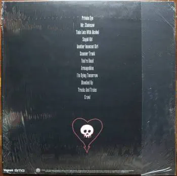 <u>PRESSING INFO</u><br><table class=inf_press><tbody><tr class=inf_info><td class=inf_title>Album:</td><td class=inf_info> From Here To Infirmary on US Heavyweight Black (Vagrant Webstore Exclusive)  </td></tr>
    <td class=inf_title>Pressing:</td><td> Fourth Pressing /500  </td></tr>
    <td class=inf_title>Release Date:</td><td> Sept. 20th 2021  </td></tr>
    <td class=inf_title>Album Pressed:</td><td> 2021  </td></tr>
    <td class=inf_title>Label:</td><td> Vagrant Records/BMG VR4405  </td></tr>
    <td class=inf_title>Insert:</td><td> Double Sided Glossy  </td></tr>
    <td class=inf_title>Barcode:</td><td> 4 050538-230147  </td></tr>
    <td class=inf_title>Side A Matrix:</td><td> ALKALINE TRIO - FROM HERE TO INFIRMARY plush v VR4405 A (etched) VR4405-A 219742E1 894677 (stamped)  </td></tr>
    <td class=inf_title>Side B Matrix:</td><td> ALKALINE TRIO - HERE TO INFIRMARY plush vinyl (etched) VR4405-B 219742E2 894675 (stamped)  </td></tr>
    <td class=inf_title>&nbsp;</td><td> <a href=https://www.discogs.com/release/20050690 target=_blank rel=noopener noreferrer>View This Release on Discogs</a>  </tr></tbody></table>
<br><u>PRICING</u><span class='less' style='padding-left: 8px; color: var(--font-colour_grey);'>(prices shown in USD)</span><br><table class='inf_press'><tbody><tr class='inf_info'>
            <td class='inf_title'>Last Sold:</td>
            <td>$49.99 (Nov 18, 2022)</td>
            </tr><tr class='inf_info'>
            <td class='inf_title'>History:</td>
            <td>
                <span class='price-low' title='Sold on Sep 3, 2021'>Low: <span class='price-value'>$20.00</span></span>
                <span class='price-separator'>|</span>
                <span class='price-avg'>Avg: <span class='price-value'>$36.14</span></span>
                <span class='price-separator'>|</span>
                <span class='price-high' title='Sold on Nov 18, 2022'>High: <span class='price-value'>$49.99</span></span>
            </td>
            </tr></tbody></table><br>    <br><br><u>TRACKLIST</u><br><table class='inf_tracks'><tbody><tr>
            <td class='inf_num'>A1</td>
            <td class='inf_trk'>Private Eye</td>
            <td class='inf_len'>3:30</td>
            <td><a href='#' class='lyric-link' data-album-code='fhti' data-song-title='Private Eye'>Lyrics</a></td></tr><tr>
            <td class='inf_num'>A2</td>
            <td class='inf_trk'>Mr. Chainsaw</td>
            <td class='inf_len'>3:05</td>
            <td><a href='#' class='lyric-link' data-album-code='fhti' data-song-title='Mr. Chainsaw'>Lyrics</a></td></tr><tr>
            <td class='inf_num'>A3</td>
            <td class='inf_trk'>Take Lots With Alcohol</td>
            <td class='inf_len'>3:13</td>
            <td><a href='#' class='lyric-link' data-album-code='fhti' data-song-title='Take Lots With Alcohol'>Lyrics</a></td></tr><tr>
            <td class='inf_num'>A4</td>
            <td class='inf_trk'>Stupid Kid</td>
            <td class='inf_len'>2:23</td>
            <td><a href='#' class='lyric-link' data-album-code='fhti' data-song-title='Stupid Kid'>Lyrics</a></td></tr><tr>
            <td class='inf_num'>A5</td>
            <td class='inf_trk'>Another Innocent Girl</td>
            <td class='inf_len'>3:37</td>
            <td><a href='#' class='lyric-link' data-album-code='fhti' data-song-title='Another Innocent Girl'>Lyrics</a></td></tr><tr>
            <td class='inf_num'>A6</td>
            <td class='inf_trk'>Steamer Trunk</td>
            <td class='inf_len'>2:50</td>
            <td><a href='#' class='lyric-link' data-album-code='fhti' data-song-title='Steamer Trunk'>Lyrics</a></td></tr><tr>
            <td class='inf_num'>B1</td>
            <td class='inf_trk'>You’re Dead</td>
            <td class='inf_len'>3:50</td>
            <td><a href='#' class='lyric-link' data-album-code='fhti' data-song-title='You’re Dead'>Lyrics</a></td></tr><tr>
            <td class='inf_num'>B2</td>
            <td class='inf_trk'>Armageddon</td>
            <td class='inf_len'>2:49</td>
            <td><a href='#' class='lyric-link' data-album-code='fhti' data-song-title='Armageddon'>Lyrics</a></td></tr><tr>
            <td class='inf_num'>B3</td>
            <td class='inf_trk'>I’m Dying Tomorrow</td>
            <td class='inf_len'>2:18</td>
            <td><a href='#' class='lyric-link' data-album-code='fhti' data-song-title='I’m Dying Tomorrow'>Lyrics</a></td></tr><tr>
            <td class='inf_num'>B4</td>
            <td class='inf_trk'>Bloodied Up</td>
            <td class='inf_len'>2:51</td>
            <td><a href='#' class='lyric-link' data-album-code='fhti' data-song-title='Bloodied Up'>Lyrics</a></td></tr><tr>
            <td class='inf_num'>B5</td>
            <td class='inf_trk'>Trucks And Trains</td>
            <td class='inf_len'>3:16</td>
            <td><a href='#' class='lyric-link' data-album-code='fhti' data-song-title='Trucks And Trains'>Lyrics</a></td></tr><tr>
            <td class='inf_num'>B6</td>
            <td class='inf_trk'>Crawl</td>
            <td class='inf_len'>4:25</td>
            <td><a href='#' class='lyric-link' data-album-code='fhti' data-song-title='Crawl'>Lyrics</a></td></tr></tbody></table><br><br>
    <u>NOTES</u><br> This pressing was released through Vagrant Records as a webstore exclusive.
 - Back
