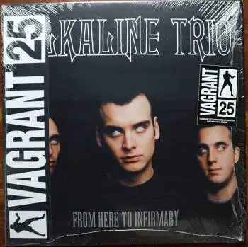 <u>PRESSING INFO</u><br><table class=inf_press><tbody><tr class=inf_info><td class=inf_title>Album:</td><td class=inf_info> From Here To Infirmary on US Heavyweight Black (Vagrant Webstore Exclusive)  </td></tr>
    <td class=inf_title>Pressing:</td><td> Fourth Pressing /500  </td></tr>
    <td class=inf_title>Release Date:</td><td> Sept. 20th 2021  </td></tr>
    <td class=inf_title>Album Pressed:</td><td> 2021  </td></tr>
    <td class=inf_title>Label:</td><td> Vagrant Records/BMG VR4405  </td></tr>
    <td class=inf_title>Insert:</td><td> Double Sided Glossy  </td></tr>
    <td class=inf_title>Barcode:</td><td> 4 050538-230147  </td></tr>
    <td class=inf_title>Side A Matrix:</td><td> ALKALINE TRIO - FROM HERE TO INFIRMARY plush v VR4405 A (etched) VR4405-A 219742E1 894677 (stamped)  </td></tr>
    <td class=inf_title>Side B Matrix:</td><td> ALKALINE TRIO - HERE TO INFIRMARY plush vinyl (etched) VR4405-B 219742E2 894675 (stamped)  </td></tr>
    <td class=inf_title>&nbsp;</td><td> <a href=https://www.discogs.com/release/20050690 target=_blank rel=noopener noreferrer>View This Release on Discogs</a>  </tr></tbody></table>
<br><u>PRICING</u><span class='less' style='padding-left: 8px; color: var(--font-colour_grey);'>(prices shown in USD)</span><br><table class='inf_press'><tbody><tr class='inf_info'>
            <td class='inf_title'>Last Sold:</td>
            <td>$49.99 (Nov 18, 2022)</td>
            </tr><tr class='inf_info'>
            <td class='inf_title'>History:</td>
            <td>
                <span class='price-low' title='Sold on Sep 3, 2021'>Low: <span class='price-value'>$20.00</span></span>
                <span class='price-separator'>|</span>
                <span class='price-avg'>Avg: <span class='price-value'>$36.14</span></span>
                <span class='price-separator'>|</span>
                <span class='price-high' title='Sold on Nov 18, 2022'>High: <span class='price-value'>$49.99</span></span>
            </td>
            </tr></tbody></table><br>    <br><br><u>TRACKLIST</u><br><table class='inf_tracks'><tbody><tr>
            <td class='inf_num'>A1</td>
            <td class='inf_trk'>Private Eye</td>
            <td class='inf_len'>3:30</td>
            <td><a href='#' class='lyric-link' data-album-code='fhti' data-song-title='Private Eye'>Lyrics</a></td></tr><tr>
            <td class='inf_num'>A2</td>
            <td class='inf_trk'>Mr. Chainsaw</td>
            <td class='inf_len'>3:05</td>
            <td><a href='#' class='lyric-link' data-album-code='fhti' data-song-title='Mr. Chainsaw'>Lyrics</a></td></tr><tr>
            <td class='inf_num'>A3</td>
            <td class='inf_trk'>Take Lots With Alcohol</td>
            <td class='inf_len'>3:13</td>
            <td><a href='#' class='lyric-link' data-album-code='fhti' data-song-title='Take Lots With Alcohol'>Lyrics</a></td></tr><tr>
            <td class='inf_num'>A4</td>
            <td class='inf_trk'>Stupid Kid</td>
            <td class='inf_len'>2:23</td>
            <td><a href='#' class='lyric-link' data-album-code='fhti' data-song-title='Stupid Kid'>Lyrics</a></td></tr><tr>
            <td class='inf_num'>A5</td>
            <td class='inf_trk'>Another Innocent Girl</td>
            <td class='inf_len'>3:37</td>
            <td><a href='#' class='lyric-link' data-album-code='fhti' data-song-title='Another Innocent Girl'>Lyrics</a></td></tr><tr>
            <td class='inf_num'>A6</td>
            <td class='inf_trk'>Steamer Trunk</td>
            <td class='inf_len'>2:50</td>
            <td><a href='#' class='lyric-link' data-album-code='fhti' data-song-title='Steamer Trunk'>Lyrics</a></td></tr><tr>
            <td class='inf_num'>B1</td>
            <td class='inf_trk'>You’re Dead</td>
            <td class='inf_len'>3:50</td>
            <td><a href='#' class='lyric-link' data-album-code='fhti' data-song-title='You’re Dead'>Lyrics</a></td></tr><tr>
            <td class='inf_num'>B2</td>
            <td class='inf_trk'>Armageddon</td>
            <td class='inf_len'>2:49</td>
            <td><a href='#' class='lyric-link' data-album-code='fhti' data-song-title='Armageddon'>Lyrics</a></td></tr><tr>
            <td class='inf_num'>B3</td>
            <td class='inf_trk'>I’m Dying Tomorrow</td>
            <td class='inf_len'>2:18</td>
            <td><a href='#' class='lyric-link' data-album-code='fhti' data-song-title='I’m Dying Tomorrow'>Lyrics</a></td></tr><tr>
            <td class='inf_num'>B4</td>
            <td class='inf_trk'>Bloodied Up</td>
            <td class='inf_len'>2:51</td>
            <td><a href='#' class='lyric-link' data-album-code='fhti' data-song-title='Bloodied Up'>Lyrics</a></td></tr><tr>
            <td class='inf_num'>B5</td>
            <td class='inf_trk'>Trucks And Trains</td>
            <td class='inf_len'>3:16</td>
            <td><a href='#' class='lyric-link' data-album-code='fhti' data-song-title='Trucks And Trains'>Lyrics</a></td></tr><tr>
            <td class='inf_num'>B6</td>
            <td class='inf_trk'>Crawl</td>
            <td class='inf_len'>4:25</td>
            <td><a href='#' class='lyric-link' data-album-code='fhti' data-song-title='Crawl'>Lyrics</a></td></tr></tbody></table><br><br>
    <u>NOTES</u><br> This pressing was released through Vagrant Records as a webstore exclusive.
 - Cover