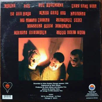 <u>PRESSING INFO</u><br><table class=inf_press><tbody><tr class=inf_info><td class=inf_title>Album:</td><td class=inf_info> Goddamnit on Black (Heart & Skull Labels)  </td></tr>
    <td class=inf_title>Pressing:</td><td> First Pressing /1000  </td></tr>
    <td class=inf_title>Release Date:</td><td> Oct. 13th 1998  </td></tr>
    <td class=inf_title>Album Pressed:</td><td> 1998  </td></tr>
    <td class=inf_title>Label:</td><td> Asianman Records AM-034  </td></tr>
    <td class=inf_title>Insert:</td><td> none  </td></tr>
    <td class=inf_title>Barcode:</td><td> 6 12851-0034-1 5  </td></tr>
    <td class=inf_title>Side A Matrix:</td><td> [etched] AM-034-A L-50793 [stamped] GOLDEN  </td></tr>
    <td class=inf_title>Side B Matrix:</td><td> [etched] AM-034-B L-50793x [stamped] GOLDEN  </td></tr>
    <td class=inf_title>&nbsp;</td><td> <a href=https://www.discogs.com/release/5545758-Alkaline-Trio-Goddamnit target=_blank rel=noopener noreferrer>View This Release on Discogs</a>  </tr></tbody></table>
<br><u>PRICING</u><span class='less' style='padding-left: 8px; color: var(--font-colour_grey);'>(prices shown in USD)</span><br><table class='inf_press'><tbody><tr class='inf_info'>
            <td class='inf_title'>Last Sold:</td>
            <td>$60.00 (Jan 7, 2026)</td>
            </tr><tr class='inf_info'>
            <td class='inf_title'>History:</td>
            <td>
                <span class='price-low' title='Sold on Jul 6, 2017'>Low: <span class='price-value'>$25.00</span></span>
                <span class='price-separator'>|</span>
                <span class='price-avg'>Avg: <span class='price-value'>$104.78</span></span>
                <span class='price-separator'>|</span>
                <span class='price-high' title='Sold on Aug 30, 2022'>High: <span class='price-value'>$200.00</span></span>
            </td>
            </tr></tbody></table><br>    <br><br><u>TRACKLIST</u><br><table class='inf_tracks'><tbody><tr>
            <td class='inf_num'>A1</td>
            <td class='inf_trk'>Cringe</td>
            <td class='inf_len'>2:23</td>
            <td><a href='#' class='lyric-link' data-album-code='gd' data-song-title='Cringe'>Lyrics</a></td></tr><tr>
            <td class='inf_num'>A2</td>
            <td class='inf_trk'>Cop</td>
            <td class='inf_len'>2:18</td>
            <td><a href='#' class='lyric-link' data-album-code='gd' data-song-title='Cop'>Lyrics</a></td></tr><tr>
            <td class='inf_num'>A3</td>
            <td class='inf_trk'>San Francisco</td>
            <td class='inf_len'>3:52</td>
            <td><a href='#' class='lyric-link' data-album-code='gd' data-song-title='San Francisco'>Lyrics</a></td></tr><tr>
            <td class='inf_num'>A4</td>
            <td class='inf_trk'>Nose Over Tail</td>
            <td class='inf_len'>2:37</td>
            <td><a href='#' class='lyric-link' data-album-code='gd' data-song-title='Nose Over Tail'>Lyrics</a></td></tr><tr>
            <td class='inf_num'>A5</td>
            <td class='inf_trk'>As You Were</td>
            <td class='inf_len'>2:11</td>
            <td><a href='#' class='lyric-link' data-album-code='gd' data-song-title='As You Were'>Lyrics</a></td></tr><tr>
            <td class='inf_num'>A6</td>
            <td class='inf_trk'>Enjoy Your Day</td>
            <td class='inf_len'>2:17</td>
            <td><a href='#' class='lyric-link' data-album-code='gd' data-song-title='Enjoy Your Day'>Lyrics</a></td></tr><tr>
            <td class='inf_num'>A7</td>
            <td class='inf_trk'>Clavicle</td>
            <td class='inf_len'>2:28</td>
            <td><a href='#' class='lyric-link' data-album-code='gd' data-song-title='Clavicle'>Lyrics</a></td></tr><tr>
            <td class='inf_num'>B1</td>
            <td class='inf_trk'>My Little Needle</td>
            <td class='inf_len'>3:01</td>
            <td><a href='#' class='lyric-link' data-album-code='gd' data-song-title='My Little Needle'>Lyrics</a></td></tr><tr>
            <td class='inf_num'>B2</td>
            <td class='inf_trk'>Southern Rock</td>
            <td class='inf_len'>3:05</td>
            <td><a href='#' class='lyric-link' data-album-code='gd' data-song-title='Southern Rock'>Lyrics</a></td></tr><tr>
            <td class='inf_num'>B3</td>
            <td class='inf_trk'>Message From Kathlene</td>
            <td class='inf_len'>3:22</td>
            <td><a href='#' class='lyric-link' data-album-code='gd' data-song-title='Message From Kathlene'>Lyrics</a></td></tr><tr>
            <td class='inf_num'>B4</td>
            <td class='inf_trk'>Trouble Breathing</td>
            <td class='inf_len'>3:55</td>
            <td><a href='#' class='lyric-link' data-album-code='gd' data-song-title='Trouble Breathing'>Lyrics</a></td></tr><tr>
            <td class='inf_num'>B5</td>
            <td class='inf_trk'>Sorry About That</td>
            <td class='inf_len'>3:21</td>
            <td><a href='#' class='lyric-link' data-album-code='gd' data-song-title='Sorry About That'>Lyrics</a></td></tr></tbody></table><br><br>
    <u>NOTES</u><br> The original version of this LP was pressed with a total quantity of 2000. There were 1,000 black clock labels and 1,000 black heart/skull labels (this). This 1st pressing is the only pressing to feature the original black cover art. The Heart & Skull Label variant did not come with an insert.
 - Back