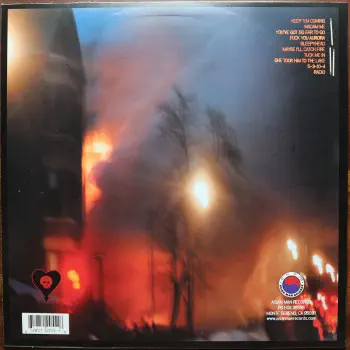 <u>PRESSING INFO</u><br><table class=inf_press><tbody><tr class=inf_info><td class=inf_title>Album:</td><td class=inf_info> Maybe I'll Catch Fire on Random Colour 'Candy Apple Red'  </td></tr>
    <td class=inf_title>Pressing:</td><td> Fifteenth Pressing /500  </td></tr>
    <td class=inf_title>Release Date:</td><td> Apr. 2022  </td></tr>
    <td class=inf_title>Album Pressed:</td><td> 2022  </td></tr>
    <td class=inf_title>Label:</td><td> Asianman Records AM 055  </td></tr>
    <td class=inf_title>Insert:</td><td> Double Sided Glossy  </td></tr>
    <td class=inf_title>Barcode:</td><td> 6 12851-0055-1 8  </td></tr>
    <td class=inf_title>Side A Matrix:</td><td> 1089-AM055- 1 A 5 S-65692  </td></tr>
    <td class=inf_title>Side B Matrix:</td><td> 7689-AM055-1(B) S-68693  </td></tr>
    <td class=inf_title>&nbsp;</td><td> <a href=https://www.discogs.com/release/22754468 target=_blank rel=noopener noreferrer>View This Release on Discogs</a>  </tr></tbody></table>
<br><u>PRICING</u><span class='less' style='padding-left: 8px; color: var(--font-colour_grey);'>(prices shown in USD)</span><br><table class='inf_press'><tbody><tr class='inf_info'>
            <td class='inf_title'>Last Sold:</td>
            <td><span title='Sold for £22.00'>$29.30</span> (Jan 28, 2024)</td>
            </tr><tr class='inf_info'>
            <td class='inf_title'>History:</td>
            <td>
                <span class='price-low' title='Sold on Jun 19, 2023'>Low: <span class='price-value'>$12.00</span></span>
                <span class='price-separator'>|</span>
                <span class='price-avg'>Avg: <span class='price-value'>$22.13</span></span>
                <span class='price-separator'>|</span>
                <span class='price-high' title='€33.00 · Sold on Apr 8, 2023'>High: <span class='price-value'>$37.58</span></span>
            </td>
            </tr></tbody></table><br>    <br><br><u>TRACKLIST</u><br><table class='inf_tracks'><tbody><tr>
            <td class='inf_num'>A1</td>
            <td class='inf_trk'>Keep ’Em Coming</td>
            <td class='inf_len'>4:10</td>
            <td><a href='#' class='lyric-link' data-album-code='micf' data-song-title='Keep ’Em Coming'>Lyrics</a></td></tr><tr>
            <td class='inf_num'>A2</td>
            <td class='inf_trk'>Madam Me</td>
            <td class='inf_len'>2:59</td>
            <td><a href='#' class='lyric-link' data-album-code='micf' data-song-title='Madam Me'>Lyrics</a></td></tr><tr>
            <td class='inf_num'>A3</td>
            <td class='inf_trk'>You’ve Got So Far To Go</td>
            <td class='inf_len'>3:14</td>
            <td><a href='#' class='lyric-link' data-album-code='micf' data-song-title='You’ve Got So Far To Go'>Lyrics</a></td></tr><tr>
            <td class='inf_num'>A4</td>
            <td class='inf_trk'>Fuck You Aurora</td>
            <td class='inf_len'>4:49</td>
            <td><a href='#' class='lyric-link' data-album-code='micf' data-song-title='Fuck You Aurora'>Lyrics</a></td></tr><tr>
            <td class='inf_num'>A5</td>
            <td class='inf_trk'>Sleepyhead</td>
            <td class='inf_len'>3:56</td>
            <td><a href='#' class='lyric-link' data-album-code='micf' data-song-title='Sleepyhead'>Lyrics</a></td></tr><tr>
            <td class='inf_num'>B1</td>
            <td class='inf_trk'>Maybe I’ll Catch Fire</td>
            <td class='inf_len'>3:07</td>
            <td><a href='#' class='lyric-link' data-album-code='micf' data-song-title='Maybe I’ll Catch Fire'>Lyrics</a></td></tr><tr>
            <td class='inf_num'>B2</td>
            <td class='inf_trk'>Tuck Me In</td>
            <td class='inf_len'>2:39</td>
            <td><a href='#' class='lyric-link' data-album-code='micf' data-song-title='Tuck Me In'>Lyrics</a></td></tr><tr>
            <td class='inf_num'>B3</td>
            <td class='inf_trk'>She Took Him To The Lake</td>
            <td class='inf_len'>2:40</td>
            <td><a href='#' class='lyric-link' data-album-code='micf' data-song-title='She Took Him To The Lake'>Lyrics</a></td></tr><tr>
            <td class='inf_num'>B4</td>
            <td class='inf_trk'>5-3-10-4</td>
            <td class='inf_len'>2:56</td>
            <td><a href='#' class='lyric-link' data-album-code='micf' data-song-title='5-3-10-4'>Lyrics</a></td></tr><tr>
            <td class='inf_num'>B5</td>
            <td class='inf_trk'>Radio</td>
            <td class='inf_len'>4:41</td>
            <td><a href='#' class='lyric-link' data-album-code='micf' data-song-title='Radio'>Lyrics</a></td></tr></tbody></table><br><br>
    <u>NOTES</u><br> This pressing was unannounced by Asian Man Records, but was distributed as Retail Only. The sleeve is identical to the previous pressing, however inserts are now Double Sided Glossy again. The vinyl center labels match heads are noticably lighter than any previous version.
 - Back