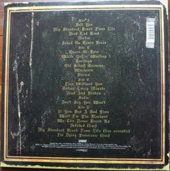 <u>PRESSING INFO</u><br><table class=inf_press><tbody><tr class=inf_info><td class=inf_title>Album:</td><td class=inf_info> Remains on Black | Black  </td></tr>
    <td class=inf_title>Pressing:</td><td> First Pressing /500  </td></tr>
    <td class=inf_title>Release Date:</td><td> Jan. 31st 2007  </td></tr>
    <td class=inf_title>Album Pressed:</td><td> 2007  </td></tr>
    <td class=inf_title>Label:</td><td> Vagrant Records/Cobraside CSDLP1111  </td></tr>
    <td class=inf_title>Insert:</td><td> Double Sided Matte  </td></tr>
    <td class=inf_title>Barcode:</td><td> 8 29707-95111 4  </td></tr>
    <td class=inf_title>Side A Matrix:</td><td> CSDLP-1111-A  </td></tr>
    <td class=inf_title>Side B Matrix:</td><td> CSDLP-1111-B  </td></tr>
    <td class=inf_title>Side C Matrix:</td><td> CSDLP-1111-C  </td></tr>
    <td class=inf_title>Side D Matrix:</td><td> CSDLP-1111-D  </td></tr>
    <td class=inf_title>&nbsp;</td><td> <a href=https://www.discogs.com/release/1584635 target=_blank rel=noopener noreferrer>View This Release on Discogs</a>  </tr></tbody></table>
<br><u>PRICING</u><span class='less' style='padding-left: 8px; color: var(--font-colour_grey);'>(prices shown in USD)</span><br><table class='inf_press'><tbody><tr class='inf_info'>
            <td class='inf_title'>Last Sold:</td>
            <td><span title='Sold for €88.00'>$100.22</span> (Apr 16, 2026)</td>
            </tr><tr class='inf_info'>
            <td class='inf_title'>History:</td>
            <td>
                <span class='price-low' title='A$60.00 · Sold on Aug 5, 2019'>Low: <span class='price-value'>$42.00</span></span>
                <span class='price-separator'>|</span>
                <span class='price-avg'>Avg: <span class='price-value'>$99.54</span></span>
                <span class='price-separator'>|</span>
                <span class='price-high' title='€150.00 · Sold on Jan 15, 2019'>High: <span class='price-value'>$170.84</span></span>
            </td>
            </tr></tbody></table><br>    <br><br><u>TRACKLIST</u><br><table class='inf_tracks'><tbody><tr>
            <td class='inf_num'>A1</td>
            <td class='inf_trk'>Hell Yes</td>
            <td class='inf_len'>3:49</td>
            <td><a href='#' class='lyric-link' data-album-code='remains' data-song-title='Hell Yes'>Lyrics</a></td></tr><tr>
            <td class='inf_num'>A2</td>
            <td class='inf_trk'>My Standard Break From Life</td>
            <td class='inf_len'>2:34</td>
            <td><a href='#' class='lyric-link' data-album-code='remains' data-song-title='My Standard Break From Life'>Lyrics</a></td></tr><tr>
            <td class='inf_num'>A3</td>
            <td class='inf_trk'>Dead End Road</td>
            <td class='inf_len'>3:08</td>
            <td><a href='#' class='lyric-link' data-album-code='remains' data-song-title='Dead End Road'>Lyrics</a></td></tr><tr>
            <td class='inf_num'>A4</td>
            <td class='inf_trk'>Metro</td>
            <td class='inf_len'>3:41</td>
            <td><a href='#' class='lyric-link' data-album-code='remains' data-song-title='Metro'>Lyrics</a></td></tr><tr>
            <td class='inf_num'>A5</td>
            <td class='inf_trk'>Jaked On Green Beers</td>
            <td class='inf_len'>3:27</td>
            <td><a href='#' class='lyric-link' data-album-code='remains' data-song-title='Jaked On Green Beers'>Lyrics</a></td></tr><tr>
            <td class='inf_num'>B1</td>
            <td class='inf_trk'>Queen Of Pain</td>
            <td class='inf_len'>3:56</td>
            <td><a href='#' class='lyric-link' data-album-code='remains' data-song-title='Queen Of Pain'>Lyrics</a></td></tr><tr>
            <td class='inf_num'>B2</td>
            <td class='inf_trk'>While You’re Waiting</td>
            <td class='inf_len'>4:06</td>
            <td><a href='#' class='lyric-link' data-album-code='remains' data-song-title='While You’re Waiting'>Lyrics</a></td></tr><tr>
            <td class='inf_num'>B3</td>
            <td class='inf_trk'>Rooftops</td>
            <td class='inf_len'>2:15</td>
            <td><a href='#' class='lyric-link' data-album-code='remains' data-song-title='Rooftops'>Lyrics</a></td></tr><tr>
            <td class='inf_num'>B4</td>
            <td class='inf_trk'>Old School Reasons</td>
            <td class='inf_len'>2:51</td>
            <td><a href='#' class='lyric-link' data-album-code='remains' data-song-title='Old School Reasons'>Lyrics</a></td></tr><tr>
            <td class='inf_num'>B5</td>
            <td class='inf_trk'>Warbrain</td>
            <td class='inf_len'>2:28</td>
            <td><a href='#' class='lyric-link' data-album-code='remains' data-song-title='Warbrain'>Lyrics</a></td></tr><tr>
            <td class='inf_num'>B6</td>
            <td class='inf_trk'>Buried</td>
            <td class='inf_len'>3:16</td>
            <td><a href='#' class='lyric-link' data-album-code='remains' data-song-title='Buried'>Lyrics</a></td></tr><tr>
            <td class='inf_num'>C1</td>
            <td class='inf_trk'>Fine Without You</td>
            <td class='inf_len'>3:15</td>
            <td><a href='#' class='lyric-link' data-album-code='remains' data-song-title='Fine Without You'>Lyrics</a></td></tr><tr>
            <td class='inf_num'>C2</td>
            <td class='inf_trk'>Hating Every Minute</td>
            <td class='inf_len'>3:03</td>
            <td><a href='#' class='lyric-link' data-album-code='remains' data-song-title='Hating Every Minute'>Lyrics</a></td></tr><tr>
            <td class='inf_num'>C3</td>
            <td class='inf_trk'>Dead And Broken</td>
            <td class='inf_len'>2:09</td>
            <td><a href='#' class='lyric-link' data-album-code='remains' data-song-title='Dead And Broken'>Lyrics</a></td></tr><tr>
            <td class='inf_num'>C4</td>
            <td class='inf_trk'>Sadie</td>
            <td class='inf_len'>4:38</td>
            <td><a href='#' class='lyric-link' data-album-code='remains' data-song-title='Sadie'>Lyrics</a></td></tr><tr>
            <td class='inf_num'>C5</td>
            <td class='inf_trk'>Don’t Say You Won’t</td>
            <td class='inf_len'>2:20</td>
            <td><a href='#' class='lyric-link' data-album-code='remains' data-song-title='Don’t Say You Won’t'>Lyrics</a></td></tr><tr>
            <td class='inf_num'>D1</td>
            <td class='inf_trk'>If You Had A Bad Time</td>
            <td class='inf_len'>3:38</td>
            <td><a href='#' class='lyric-link' data-album-code='remains' data-song-title='If You Had A Bad Time'>Lyrics</a></td></tr><tr>
            <td class='inf_num'>D2</td>
            <td class='inf_trk'>Wait For The Blackout</td>
            <td class='inf_len'>3:28</td>
            <td><a href='#' class='lyric-link' data-album-code='remains' data-song-title='Wait For The Blackout'>Lyrics</a></td></tr><tr>
            <td class='inf_num'>D3</td>
            <td class='inf_trk'>We Can Never Break Up</td>
            <td class='inf_len'>3:10</td>
            <td><a href='#' class='lyric-link' data-album-code='remains' data-song-title='We Can Never Break Up'>Lyrics</a></td></tr><tr>
            <td class='inf_num'>D4</td>
            <td class='inf_trk'>Dethbed (Live)</td>
            <td class='inf_len'>3:12</td>
            <td><a href='#' class='lyric-link' data-album-code='remains' data-song-title='Dethbed (Live)'>Lyrics</a></td></tr><tr>
            <td class='inf_num'>D5</td>
            <td class='inf_trk'>My Standard Break From Life (Live Acoustic)</td>
            <td class='inf_len'>3:42</td>
            <td><a href='#' class='lyric-link' data-album-code='remains' data-song-title='My Standard Break From Life (Live Acoustic)'>Lyrics</a></td></tr><tr>
            <td class='inf_num'>D6</td>
            <td class='inf_trk'>I’m Dying Tomorrow (Live)</td>
            <td class='inf_len'>2:31</td>
            <td><a href='#' class='lyric-link' data-album-code='remains' data-song-title='I’m Dying Tomorrow (Live)'>Lyrics</a></td></tr></tbody></table><br><br>
    <u>NOTES</u><br> Gatefold sleeve
 - Back