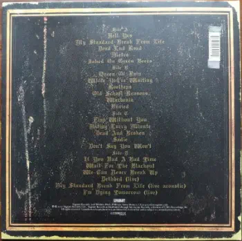 <u>PRESSING INFO</u><br><table class=inf_press><tbody><tr class=inf_info><td class=inf_title>Album:</td><td class=inf_info> Remains on Dark Green Marble | Plum Marble  </td></tr>
    <td class=inf_title>Pressing:</td><td> Second Pressing /??  </td></tr>
    <td class=inf_title>Release Date:</td><td> Aug. - Sept. 2008  </td></tr>
    <td class=inf_title>Album Pressed:</td><td> 2008  </td></tr>
    <td class=inf_title>Label:</td><td> Vagrant Records/Cobraside CSDLP1111  </td></tr>
    <td class=inf_title>Insert:</td><td> Double Sided Matte  </td></tr>
    <td class=inf_title>Barcode:</td><td> 8 29707-95111 4  </td></tr>
    <td class=inf_title>Side A Matrix:</td><td> CSDLP-1111-A  </td></tr>
    <td class=inf_title>Side B Matrix:</td><td> CSDLP-1111-B  </td></tr>
    <td class=inf_title>Side C Matrix:</td><td> CSDLP-1111-C  </td></tr>
    <td class=inf_title>Side D Matrix:</td><td> CSDLP-1111-D  </td></tr>
    <td class=inf_title>&nbsp;</td><td> <a href=https://www.discogs.com/release/1584665 target=_blank rel=noopener noreferrer>View This Release on Discogs</a>  </tr></tbody></table>
<br><u>PRICING</u><span class='less' style='padding-left: 8px; color: var(--font-colour_grey);'>(prices shown in USD)</span><br><table class='inf_press'><tbody><tr class='inf_info'>
            <td class='inf_title'>Last Sold:</td>
            <td>$149.99 (Dec 16, 2022)</td>
            </tr><tr class='inf_info'>
            <td class='inf_title'>History:</td>
            <td>
                <span class='price-low' title='€50.00 · Sold on May 29, 2015'>Low: <span class='price-value'>$56.95</span></span>
                <span class='price-separator'>|</span>
                <span class='price-avg'>Avg: <span class='price-value'>$88.98</span></span>
                <span class='price-separator'>|</span>
                <span class='price-high' title='Sold on Dec 16, 2022'>High: <span class='price-value'>$149.99</span></span>
            </td>
            </tr></tbody></table><br>    <br><br><u>TRACKLIST</u><br><table class='inf_tracks'><tbody><tr>
            <td class='inf_num'>A1</td>
            <td class='inf_trk'>Hell Yes</td>
            <td class='inf_len'>3:49</td>
            <td><a href='#' class='lyric-link' data-album-code='remains' data-song-title='Hell Yes'>Lyrics</a></td></tr><tr>
            <td class='inf_num'>A2</td>
            <td class='inf_trk'>My Standard Break From Life</td>
            <td class='inf_len'>2:34</td>
            <td><a href='#' class='lyric-link' data-album-code='remains' data-song-title='My Standard Break From Life'>Lyrics</a></td></tr><tr>
            <td class='inf_num'>A3</td>
            <td class='inf_trk'>Dead End Road</td>
            <td class='inf_len'>3:08</td>
            <td><a href='#' class='lyric-link' data-album-code='remains' data-song-title='Dead End Road'>Lyrics</a></td></tr><tr>
            <td class='inf_num'>A4</td>
            <td class='inf_trk'>Metro</td>
            <td class='inf_len'>3:41</td>
            <td><a href='#' class='lyric-link' data-album-code='remains' data-song-title='Metro'>Lyrics</a></td></tr><tr>
            <td class='inf_num'>A5</td>
            <td class='inf_trk'>Jaked On Green Beers</td>
            <td class='inf_len'>3:27</td>
            <td><a href='#' class='lyric-link' data-album-code='remains' data-song-title='Jaked On Green Beers'>Lyrics</a></td></tr><tr>
            <td class='inf_num'>B1</td>
            <td class='inf_trk'>Queen Of Pain</td>
            <td class='inf_len'>3:56</td>
            <td><a href='#' class='lyric-link' data-album-code='remains' data-song-title='Queen Of Pain'>Lyrics</a></td></tr><tr>
            <td class='inf_num'>B2</td>
            <td class='inf_trk'>While You’re Waiting</td>
            <td class='inf_len'>4:06</td>
            <td><a href='#' class='lyric-link' data-album-code='remains' data-song-title='While You’re Waiting'>Lyrics</a></td></tr><tr>
            <td class='inf_num'>B3</td>
            <td class='inf_trk'>Rooftops</td>
            <td class='inf_len'>2:15</td>
            <td><a href='#' class='lyric-link' data-album-code='remains' data-song-title='Rooftops'>Lyrics</a></td></tr><tr>
            <td class='inf_num'>B4</td>
            <td class='inf_trk'>Old School Reasons</td>
            <td class='inf_len'>2:51</td>
            <td><a href='#' class='lyric-link' data-album-code='remains' data-song-title='Old School Reasons'>Lyrics</a></td></tr><tr>
            <td class='inf_num'>B5</td>
            <td class='inf_trk'>Warbrain</td>
            <td class='inf_len'>2:28</td>
            <td><a href='#' class='lyric-link' data-album-code='remains' data-song-title='Warbrain'>Lyrics</a></td></tr><tr>
            <td class='inf_num'>B6</td>
            <td class='inf_trk'>Buried</td>
            <td class='inf_len'>3:16</td>
            <td><a href='#' class='lyric-link' data-album-code='remains' data-song-title='Buried'>Lyrics</a></td></tr><tr>
            <td class='inf_num'>C1</td>
            <td class='inf_trk'>Fine Without You</td>
            <td class='inf_len'>3:15</td>
            <td><a href='#' class='lyric-link' data-album-code='remains' data-song-title='Fine Without You'>Lyrics</a></td></tr><tr>
            <td class='inf_num'>C2</td>
            <td class='inf_trk'>Hating Every Minute</td>
            <td class='inf_len'>3:03</td>
            <td><a href='#' class='lyric-link' data-album-code='remains' data-song-title='Hating Every Minute'>Lyrics</a></td></tr><tr>
            <td class='inf_num'>C3</td>
            <td class='inf_trk'>Dead And Broken</td>
            <td class='inf_len'>2:09</td>
            <td><a href='#' class='lyric-link' data-album-code='remains' data-song-title='Dead And Broken'>Lyrics</a></td></tr><tr>
            <td class='inf_num'>C4</td>
            <td class='inf_trk'>Sadie</td>
            <td class='inf_len'>4:38</td>
            <td><a href='#' class='lyric-link' data-album-code='remains' data-song-title='Sadie'>Lyrics</a></td></tr><tr>
            <td class='inf_num'>C5</td>
            <td class='inf_trk'>Don’t Say You Won’t</td>
            <td class='inf_len'>2:20</td>
            <td><a href='#' class='lyric-link' data-album-code='remains' data-song-title='Don’t Say You Won’t'>Lyrics</a></td></tr><tr>
            <td class='inf_num'>D1</td>
            <td class='inf_trk'>If You Had A Bad Time</td>
            <td class='inf_len'>3:38</td>
            <td><a href='#' class='lyric-link' data-album-code='remains' data-song-title='If You Had A Bad Time'>Lyrics</a></td></tr><tr>
            <td class='inf_num'>D2</td>
            <td class='inf_trk'>Wait For The Blackout</td>
            <td class='inf_len'>3:28</td>
            <td><a href='#' class='lyric-link' data-album-code='remains' data-song-title='Wait For The Blackout'>Lyrics</a></td></tr><tr>
            <td class='inf_num'>D3</td>
            <td class='inf_trk'>We Can Never Break Up</td>
            <td class='inf_len'>3:10</td>
            <td><a href='#' class='lyric-link' data-album-code='remains' data-song-title='We Can Never Break Up'>Lyrics</a></td></tr><tr>
            <td class='inf_num'>D4</td>
            <td class='inf_trk'>Dethbed (Live)</td>
            <td class='inf_len'>3:12</td>
            <td><a href='#' class='lyric-link' data-album-code='remains' data-song-title='Dethbed (Live)'>Lyrics</a></td></tr><tr>
            <td class='inf_num'>D5</td>
            <td class='inf_trk'>My Standard Break From Life (Live Acoustic)</td>
            <td class='inf_len'>3:42</td>
            <td><a href='#' class='lyric-link' data-album-code='remains' data-song-title='My Standard Break From Life (Live Acoustic)'>Lyrics</a></td></tr><tr>
            <td class='inf_num'>D6</td>
            <td class='inf_trk'>I’m Dying Tomorrow (Live)</td>
            <td class='inf_len'>2:31</td>
            <td><a href='#' class='lyric-link' data-album-code='remains' data-song-title='I’m Dying Tomorrow (Live)'>Lyrics</a></td></tr></tbody></table><br><br>
    <u>NOTES</u><br> Gatefold sleeve
 - Back
