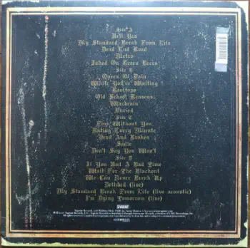<u>PRESSING INFO</u><br><table class=inf_press><tbody><tr class=inf_info><td class=inf_title>Album:</td><td class=inf_info> Remains on Grey Brown Marble | White Marble  </td></tr>
    <td class=inf_title>Pressing:</td><td> Second Pressing /???  </td></tr>
    <td class=inf_title>Release Date:</td><td> Aug. - Sept. 2008  </td></tr>
    <td class=inf_title>Album Pressed:</td><td> 2008  </td></tr>
    <td class=inf_title>Label:</td><td> Vagrant Records/Cobraside CSDLP1111  </td></tr>
    <td class=inf_title>Insert:</td><td> Double Sided Matte  </td></tr>
    <td class=inf_title>Barcode:</td><td> 8 29707-95111 4  </td></tr>
    <td class=inf_title>Side A Matrix:</td><td> CSDLP-1111-A  </td></tr>
    <td class=inf_title>Side B Matrix:</td><td> CSDLP-1111-B  </td></tr>
    <td class=inf_title>Side C Matrix:</td><td> CSDLP-1111-C  </td></tr>
    <td class=inf_title>Side D Matrix:</td><td> CSDLP-1111-D  </td></tr>
    <td class=inf_title>&nbsp;</td><td> <a href= target=_blank rel=noopener noreferrer>View This Release on Discogs</a>  </tr></tbody></table>
    <br><br><u>TRACKLIST</u><br><table class='inf_tracks'><tbody><tr>
            <td class='inf_num'>A1</td>
            <td class='inf_trk'>Hell Yes</td>
            <td class='inf_len'>3:49</td>
            <td><a href='#' class='lyric-link' data-album-code='remains' data-song-title='Hell Yes'>Lyrics</a></td></tr><tr>
            <td class='inf_num'>A2</td>
            <td class='inf_trk'>My Standard Break From Life</td>
            <td class='inf_len'>2:34</td>
            <td><a href='#' class='lyric-link' data-album-code='remains' data-song-title='My Standard Break From Life'>Lyrics</a></td></tr><tr>
            <td class='inf_num'>A3</td>
            <td class='inf_trk'>Dead End Road</td>
            <td class='inf_len'>3:08</td>
            <td><a href='#' class='lyric-link' data-album-code='remains' data-song-title='Dead End Road'>Lyrics</a></td></tr><tr>
            <td class='inf_num'>A4</td>
            <td class='inf_trk'>Metro</td>
            <td class='inf_len'>3:41</td>
            <td><a href='#' class='lyric-link' data-album-code='remains' data-song-title='Metro'>Lyrics</a></td></tr><tr>
            <td class='inf_num'>A5</td>
            <td class='inf_trk'>Jaked On Green Beers</td>
            <td class='inf_len'>3:27</td>
            <td><a href='#' class='lyric-link' data-album-code='remains' data-song-title='Jaked On Green Beers'>Lyrics</a></td></tr><tr>
            <td class='inf_num'>B1</td>
            <td class='inf_trk'>Queen Of Pain</td>
            <td class='inf_len'>3:56</td>
            <td><a href='#' class='lyric-link' data-album-code='remains' data-song-title='Queen Of Pain'>Lyrics</a></td></tr><tr>
            <td class='inf_num'>B2</td>
            <td class='inf_trk'>While You’re Waiting</td>
            <td class='inf_len'>4:06</td>
            <td><a href='#' class='lyric-link' data-album-code='remains' data-song-title='While You’re Waiting'>Lyrics</a></td></tr><tr>
            <td class='inf_num'>B3</td>
            <td class='inf_trk'>Rooftops</td>
            <td class='inf_len'>2:15</td>
            <td><a href='#' class='lyric-link' data-album-code='remains' data-song-title='Rooftops'>Lyrics</a></td></tr><tr>
            <td class='inf_num'>B4</td>
            <td class='inf_trk'>Old School Reasons</td>
            <td class='inf_len'>2:51</td>
            <td><a href='#' class='lyric-link' data-album-code='remains' data-song-title='Old School Reasons'>Lyrics</a></td></tr><tr>
            <td class='inf_num'>B5</td>
            <td class='inf_trk'>Warbrain</td>
            <td class='inf_len'>2:28</td>
            <td><a href='#' class='lyric-link' data-album-code='remains' data-song-title='Warbrain'>Lyrics</a></td></tr><tr>
            <td class='inf_num'>B6</td>
            <td class='inf_trk'>Buried</td>
            <td class='inf_len'>3:16</td>
            <td><a href='#' class='lyric-link' data-album-code='remains' data-song-title='Buried'>Lyrics</a></td></tr><tr>
            <td class='inf_num'>C1</td>
            <td class='inf_trk'>Fine Without You</td>
            <td class='inf_len'>3:15</td>
            <td><a href='#' class='lyric-link' data-album-code='remains' data-song-title='Fine Without You'>Lyrics</a></td></tr><tr>
            <td class='inf_num'>C2</td>
            <td class='inf_trk'>Hating Every Minute</td>
            <td class='inf_len'>3:03</td>
            <td><a href='#' class='lyric-link' data-album-code='remains' data-song-title='Hating Every Minute'>Lyrics</a></td></tr><tr>
            <td class='inf_num'>C3</td>
            <td class='inf_trk'>Dead And Broken</td>
            <td class='inf_len'>2:09</td>
            <td><a href='#' class='lyric-link' data-album-code='remains' data-song-title='Dead And Broken'>Lyrics</a></td></tr><tr>
            <td class='inf_num'>C4</td>
            <td class='inf_trk'>Sadie</td>
            <td class='inf_len'>4:38</td>
            <td><a href='#' class='lyric-link' data-album-code='remains' data-song-title='Sadie'>Lyrics</a></td></tr><tr>
            <td class='inf_num'>C5</td>
            <td class='inf_trk'>Don’t Say You Won’t</td>
            <td class='inf_len'>2:20</td>
            <td><a href='#' class='lyric-link' data-album-code='remains' data-song-title='Don’t Say You Won’t'>Lyrics</a></td></tr><tr>
            <td class='inf_num'>D1</td>
            <td class='inf_trk'>If You Had A Bad Time</td>
            <td class='inf_len'>3:38</td>
            <td><a href='#' class='lyric-link' data-album-code='remains' data-song-title='If You Had A Bad Time'>Lyrics</a></td></tr><tr>
            <td class='inf_num'>D2</td>
            <td class='inf_trk'>Wait For The Blackout</td>
            <td class='inf_len'>3:28</td>
            <td><a href='#' class='lyric-link' data-album-code='remains' data-song-title='Wait For The Blackout'>Lyrics</a></td></tr><tr>
            <td class='inf_num'>D3</td>
            <td class='inf_trk'>We Can Never Break Up</td>
            <td class='inf_len'>3:10</td>
            <td><a href='#' class='lyric-link' data-album-code='remains' data-song-title='We Can Never Break Up'>Lyrics</a></td></tr><tr>
            <td class='inf_num'>D4</td>
            <td class='inf_trk'>Dethbed (Live)</td>
            <td class='inf_len'>3:12</td>
            <td><a href='#' class='lyric-link' data-album-code='remains' data-song-title='Dethbed (Live)'>Lyrics</a></td></tr><tr>
            <td class='inf_num'>D5</td>
            <td class='inf_trk'>My Standard Break From Life (Live Acoustic)</td>
            <td class='inf_len'>3:42</td>
            <td><a href='#' class='lyric-link' data-album-code='remains' data-song-title='My Standard Break From Life (Live Acoustic)'>Lyrics</a></td></tr><tr>
            <td class='inf_num'>D6</td>
            <td class='inf_trk'>I’m Dying Tomorrow (Live)</td>
            <td class='inf_len'>2:31</td>
            <td><a href='#' class='lyric-link' data-album-code='remains' data-song-title='I’m Dying Tomorrow (Live)'>Lyrics</a></td></tr></tbody></table><br><br>
    <u>NOTES</u><br> Gatefold sleeve
 - Back