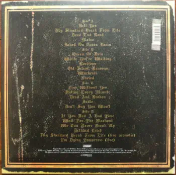 <u>PRESSING INFO</u><br><table class=inf_press><tbody><tr class=inf_info><td class=inf_title>Album:</td><td class=inf_info> Remains on Grey Marble | Grey Marble  </td></tr>
    <td class=inf_title>Pressing:</td><td> Second Pressing /???  </td></tr>
    <td class=inf_title>Release Date:</td><td> Aug. - Sept. 2008  </td></tr>
    <td class=inf_title>Album Pressed:</td><td> 2008  </td></tr>
    <td class=inf_title>Label:</td><td> Vagrant Records/Cobraside CSDLP1111  </td></tr>
    <td class=inf_title>Insert:</td><td> Double Sided Matte  </td></tr>
    <td class=inf_title>Barcode:</td><td> 8 29707-95111 4  </td></tr>
    <td class=inf_title>Side A Matrix:</td><td> CSDLP-1111-A  </td></tr>
    <td class=inf_title>Side B Matrix:</td><td> CSDLP-1111-B  </td></tr>
    <td class=inf_title>Side C Matrix:</td><td> CSDLP-1111-C  </td></tr>
    <td class=inf_title>Side D Matrix:</td><td> CSDLP-1111-D  </td></tr>
    <td class=inf_title>&nbsp;</td><td> <a href=https://www.discogs.com/release/1584628 target=_blank rel=noopener noreferrer>View This Release on Discogs</a>  </tr></tbody></table>
<br><u>PRICING</u><span class='less' style='padding-left: 8px; color: var(--font-colour_grey);'>(prices shown in USD)</span><br><table class='inf_press'><tbody><tr class='inf_info'>
            <td class='inf_title'>Last Sold:</td>
            <td>$59.99 (Apr 9, 2022)</td>
            </tr><tr class='inf_info'>
            <td class='inf_title'>History:</td>
            <td>
                <span class='price-low' title='Sold on Jan 28, 2017'>Low: <span class='price-value'>$40.00</span></span>
                <span class='price-separator'>|</span>
                <span class='price-avg'>Avg: <span class='price-value'>$50.00</span></span>
                <span class='price-separator'>|</span>
                <span class='price-high' title='Sold on Apr 9, 2022'>High: <span class='price-value'>$59.99</span></span>
            </td>
            </tr></tbody></table><br>    <br><br><u>TRACKLIST</u><br><table class='inf_tracks'><tbody><tr>
            <td class='inf_num'>A1</td>
            <td class='inf_trk'>Hell Yes</td>
            <td class='inf_len'>3:49</td>
            <td><a href='#' class='lyric-link' data-album-code='remains' data-song-title='Hell Yes'>Lyrics</a></td></tr><tr>
            <td class='inf_num'>A2</td>
            <td class='inf_trk'>My Standard Break From Life</td>
            <td class='inf_len'>2:34</td>
            <td><a href='#' class='lyric-link' data-album-code='remains' data-song-title='My Standard Break From Life'>Lyrics</a></td></tr><tr>
            <td class='inf_num'>A3</td>
            <td class='inf_trk'>Dead End Road</td>
            <td class='inf_len'>3:08</td>
            <td><a href='#' class='lyric-link' data-album-code='remains' data-song-title='Dead End Road'>Lyrics</a></td></tr><tr>
            <td class='inf_num'>A4</td>
            <td class='inf_trk'>Metro</td>
            <td class='inf_len'>3:41</td>
            <td><a href='#' class='lyric-link' data-album-code='remains' data-song-title='Metro'>Lyrics</a></td></tr><tr>
            <td class='inf_num'>A5</td>
            <td class='inf_trk'>Jaked On Green Beers</td>
            <td class='inf_len'>3:27</td>
            <td><a href='#' class='lyric-link' data-album-code='remains' data-song-title='Jaked On Green Beers'>Lyrics</a></td></tr><tr>
            <td class='inf_num'>B1</td>
            <td class='inf_trk'>Queen Of Pain</td>
            <td class='inf_len'>3:56</td>
            <td><a href='#' class='lyric-link' data-album-code='remains' data-song-title='Queen Of Pain'>Lyrics</a></td></tr><tr>
            <td class='inf_num'>B2</td>
            <td class='inf_trk'>While You’re Waiting</td>
            <td class='inf_len'>4:06</td>
            <td><a href='#' class='lyric-link' data-album-code='remains' data-song-title='While You’re Waiting'>Lyrics</a></td></tr><tr>
            <td class='inf_num'>B3</td>
            <td class='inf_trk'>Rooftops</td>
            <td class='inf_len'>2:15</td>
            <td><a href='#' class='lyric-link' data-album-code='remains' data-song-title='Rooftops'>Lyrics</a></td></tr><tr>
            <td class='inf_num'>B4</td>
            <td class='inf_trk'>Old School Reasons</td>
            <td class='inf_len'>2:51</td>
            <td><a href='#' class='lyric-link' data-album-code='remains' data-song-title='Old School Reasons'>Lyrics</a></td></tr><tr>
            <td class='inf_num'>B5</td>
            <td class='inf_trk'>Warbrain</td>
            <td class='inf_len'>2:28</td>
            <td><a href='#' class='lyric-link' data-album-code='remains' data-song-title='Warbrain'>Lyrics</a></td></tr><tr>
            <td class='inf_num'>B6</td>
            <td class='inf_trk'>Buried</td>
            <td class='inf_len'>3:16</td>
            <td><a href='#' class='lyric-link' data-album-code='remains' data-song-title='Buried'>Lyrics</a></td></tr><tr>
            <td class='inf_num'>C1</td>
            <td class='inf_trk'>Fine Without You</td>
            <td class='inf_len'>3:15</td>
            <td><a href='#' class='lyric-link' data-album-code='remains' data-song-title='Fine Without You'>Lyrics</a></td></tr><tr>
            <td class='inf_num'>C2</td>
            <td class='inf_trk'>Hating Every Minute</td>
            <td class='inf_len'>3:03</td>
            <td><a href='#' class='lyric-link' data-album-code='remains' data-song-title='Hating Every Minute'>Lyrics</a></td></tr><tr>
            <td class='inf_num'>C3</td>
            <td class='inf_trk'>Dead And Broken</td>
            <td class='inf_len'>2:09</td>
            <td><a href='#' class='lyric-link' data-album-code='remains' data-song-title='Dead And Broken'>Lyrics</a></td></tr><tr>
            <td class='inf_num'>C4</td>
            <td class='inf_trk'>Sadie</td>
            <td class='inf_len'>4:38</td>
            <td><a href='#' class='lyric-link' data-album-code='remains' data-song-title='Sadie'>Lyrics</a></td></tr><tr>
            <td class='inf_num'>C5</td>
            <td class='inf_trk'>Don’t Say You Won’t</td>
            <td class='inf_len'>2:20</td>
            <td><a href='#' class='lyric-link' data-album-code='remains' data-song-title='Don’t Say You Won’t'>Lyrics</a></td></tr><tr>
            <td class='inf_num'>D1</td>
            <td class='inf_trk'>If You Had A Bad Time</td>
            <td class='inf_len'>3:38</td>
            <td><a href='#' class='lyric-link' data-album-code='remains' data-song-title='If You Had A Bad Time'>Lyrics</a></td></tr><tr>
            <td class='inf_num'>D2</td>
            <td class='inf_trk'>Wait For The Blackout</td>
            <td class='inf_len'>3:28</td>
            <td><a href='#' class='lyric-link' data-album-code='remains' data-song-title='Wait For The Blackout'>Lyrics</a></td></tr><tr>
            <td class='inf_num'>D3</td>
            <td class='inf_trk'>We Can Never Break Up</td>
            <td class='inf_len'>3:10</td>
            <td><a href='#' class='lyric-link' data-album-code='remains' data-song-title='We Can Never Break Up'>Lyrics</a></td></tr><tr>
            <td class='inf_num'>D4</td>
            <td class='inf_trk'>Dethbed (Live)</td>
            <td class='inf_len'>3:12</td>
            <td><a href='#' class='lyric-link' data-album-code='remains' data-song-title='Dethbed (Live)'>Lyrics</a></td></tr><tr>
            <td class='inf_num'>D5</td>
            <td class='inf_trk'>My Standard Break From Life (Live Acoustic)</td>
            <td class='inf_len'>3:42</td>
            <td><a href='#' class='lyric-link' data-album-code='remains' data-song-title='My Standard Break From Life (Live Acoustic)'>Lyrics</a></td></tr><tr>
            <td class='inf_num'>D6</td>
            <td class='inf_trk'>I’m Dying Tomorrow (Live)</td>
            <td class='inf_len'>2:31</td>
            <td><a href='#' class='lyric-link' data-album-code='remains' data-song-title='I’m Dying Tomorrow (Live)'>Lyrics</a></td></tr></tbody></table><br><br>
    <u>NOTES</u><br> Gatefold sleeve
 - Back