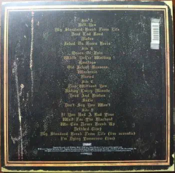 <u>PRESSING INFO</u><br><table class=inf_press><tbody><tr class=inf_info><td class=inf_title>Album:</td><td class=inf_info> Remains on Dark Purple Marble | Lavender Sunburst  </td></tr>
    <td class=inf_title>Pressing:</td><td> Second Pressing /??  </td></tr>
    <td class=inf_title>Release Date:</td><td> Aug. - Sept. 2008  </td></tr>
    <td class=inf_title>Album Pressed:</td><td> 2008  </td></tr>
    <td class=inf_title>Label:</td><td> Vagrant Records/Cobraside CSDLP1111  </td></tr>
    <td class=inf_title>Insert:</td><td> Double Sided Matte  </td></tr>
    <td class=inf_title>Barcode:</td><td> 8 29707-95111 4  </td></tr>
    <td class=inf_title>Side A Matrix:</td><td> CSDLP-1111-A  </td></tr>
    <td class=inf_title>Side B Matrix:</td><td> CSDLP-1111-B  </td></tr>
    <td class=inf_title>Side C Matrix:</td><td> CSDLP-1111-C  </td></tr>
    <td class=inf_title>Side D Matrix:</td><td> CSDLP-1111-D  </td></tr>
    <td class=inf_title>&nbsp;</td><td> <a href=https://www.discogs.com/release/24933959 target=_blank rel=noopener noreferrer>View This Release on Discogs</a>  </tr></tbody></table>
    <br><br><u>TRACKLIST</u><br><table class='inf_tracks'><tbody><tr>
            <td class='inf_num'>A1</td>
            <td class='inf_trk'>Hell Yes</td>
            <td class='inf_len'>3:49</td>
            <td><a href='#' class='lyric-link' data-album-code='remains' data-song-title='Hell Yes'>Lyrics</a></td></tr><tr>
            <td class='inf_num'>A2</td>
            <td class='inf_trk'>My Standard Break From Life</td>
            <td class='inf_len'>2:34</td>
            <td><a href='#' class='lyric-link' data-album-code='remains' data-song-title='My Standard Break From Life'>Lyrics</a></td></tr><tr>
            <td class='inf_num'>A3</td>
            <td class='inf_trk'>Dead End Road</td>
            <td class='inf_len'>3:08</td>
            <td><a href='#' class='lyric-link' data-album-code='remains' data-song-title='Dead End Road'>Lyrics</a></td></tr><tr>
            <td class='inf_num'>A4</td>
            <td class='inf_trk'>Metro</td>
            <td class='inf_len'>3:41</td>
            <td><a href='#' class='lyric-link' data-album-code='remains' data-song-title='Metro'>Lyrics</a></td></tr><tr>
            <td class='inf_num'>A5</td>
            <td class='inf_trk'>Jaked On Green Beers</td>
            <td class='inf_len'>3:27</td>
            <td><a href='#' class='lyric-link' data-album-code='remains' data-song-title='Jaked On Green Beers'>Lyrics</a></td></tr><tr>
            <td class='inf_num'>B1</td>
            <td class='inf_trk'>Queen Of Pain</td>
            <td class='inf_len'>3:56</td>
            <td><a href='#' class='lyric-link' data-album-code='remains' data-song-title='Queen Of Pain'>Lyrics</a></td></tr><tr>
            <td class='inf_num'>B2</td>
            <td class='inf_trk'>While You’re Waiting</td>
            <td class='inf_len'>4:06</td>
            <td><a href='#' class='lyric-link' data-album-code='remains' data-song-title='While You’re Waiting'>Lyrics</a></td></tr><tr>
            <td class='inf_num'>B3</td>
            <td class='inf_trk'>Rooftops</td>
            <td class='inf_len'>2:15</td>
            <td><a href='#' class='lyric-link' data-album-code='remains' data-song-title='Rooftops'>Lyrics</a></td></tr><tr>
            <td class='inf_num'>B4</td>
            <td class='inf_trk'>Old School Reasons</td>
            <td class='inf_len'>2:51</td>
            <td><a href='#' class='lyric-link' data-album-code='remains' data-song-title='Old School Reasons'>Lyrics</a></td></tr><tr>
            <td class='inf_num'>B5</td>
            <td class='inf_trk'>Warbrain</td>
            <td class='inf_len'>2:28</td>
            <td><a href='#' class='lyric-link' data-album-code='remains' data-song-title='Warbrain'>Lyrics</a></td></tr><tr>
            <td class='inf_num'>B6</td>
            <td class='inf_trk'>Buried</td>
            <td class='inf_len'>3:16</td>
            <td><a href='#' class='lyric-link' data-album-code='remains' data-song-title='Buried'>Lyrics</a></td></tr><tr>
            <td class='inf_num'>C1</td>
            <td class='inf_trk'>Fine Without You</td>
            <td class='inf_len'>3:15</td>
            <td><a href='#' class='lyric-link' data-album-code='remains' data-song-title='Fine Without You'>Lyrics</a></td></tr><tr>
            <td class='inf_num'>C2</td>
            <td class='inf_trk'>Hating Every Minute</td>
            <td class='inf_len'>3:03</td>
            <td><a href='#' class='lyric-link' data-album-code='remains' data-song-title='Hating Every Minute'>Lyrics</a></td></tr><tr>
            <td class='inf_num'>C3</td>
            <td class='inf_trk'>Dead And Broken</td>
            <td class='inf_len'>2:09</td>
            <td><a href='#' class='lyric-link' data-album-code='remains' data-song-title='Dead And Broken'>Lyrics</a></td></tr><tr>
            <td class='inf_num'>C4</td>
            <td class='inf_trk'>Sadie</td>
            <td class='inf_len'>4:38</td>
            <td><a href='#' class='lyric-link' data-album-code='remains' data-song-title='Sadie'>Lyrics</a></td></tr><tr>
            <td class='inf_num'>C5</td>
            <td class='inf_trk'>Don’t Say You Won’t</td>
            <td class='inf_len'>2:20</td>
            <td><a href='#' class='lyric-link' data-album-code='remains' data-song-title='Don’t Say You Won’t'>Lyrics</a></td></tr><tr>
            <td class='inf_num'>D1</td>
            <td class='inf_trk'>If You Had A Bad Time</td>
            <td class='inf_len'>3:38</td>
            <td><a href='#' class='lyric-link' data-album-code='remains' data-song-title='If You Had A Bad Time'>Lyrics</a></td></tr><tr>
            <td class='inf_num'>D2</td>
            <td class='inf_trk'>Wait For The Blackout</td>
            <td class='inf_len'>3:28</td>
            <td><a href='#' class='lyric-link' data-album-code='remains' data-song-title='Wait For The Blackout'>Lyrics</a></td></tr><tr>
            <td class='inf_num'>D3</td>
            <td class='inf_trk'>We Can Never Break Up</td>
            <td class='inf_len'>3:10</td>
            <td><a href='#' class='lyric-link' data-album-code='remains' data-song-title='We Can Never Break Up'>Lyrics</a></td></tr><tr>
            <td class='inf_num'>D4</td>
            <td class='inf_trk'>Dethbed (Live)</td>
            <td class='inf_len'>3:12</td>
            <td><a href='#' class='lyric-link' data-album-code='remains' data-song-title='Dethbed (Live)'>Lyrics</a></td></tr><tr>
            <td class='inf_num'>D5</td>
            <td class='inf_trk'>My Standard Break From Life (Live Acoustic)</td>
            <td class='inf_len'>3:42</td>
            <td><a href='#' class='lyric-link' data-album-code='remains' data-song-title='My Standard Break From Life (Live Acoustic)'>Lyrics</a></td></tr><tr>
            <td class='inf_num'>D6</td>
            <td class='inf_trk'>I’m Dying Tomorrow (Live)</td>
            <td class='inf_len'>2:31</td>
            <td><a href='#' class='lyric-link' data-album-code='remains' data-song-title='I’m Dying Tomorrow (Live)'>Lyrics</a></td></tr></tbody></table><br><br>
    <u>NOTES</u><br> Gatefold sleeve
 - Back