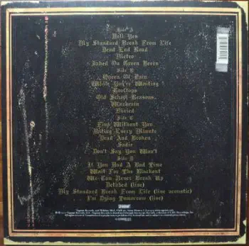 <u>PRESSING INFO</u><br><table class=inf_press><tbody><tr class=inf_info><td class=inf_title>Album:</td><td class=inf_info> Remains on Dark Purple Marble | Plum Marble  </td></tr>
    <td class=inf_title>Pressing:</td><td> Second Pressing /??  </td></tr>
    <td class=inf_title>Release Date:</td><td> Aug. - Sept. 2008  </td></tr>
    <td class=inf_title>Album Pressed:</td><td> 2008  </td></tr>
    <td class=inf_title>Label:</td><td> Vagrant Records/Cobraside CSDLP1111  </td></tr>
    <td class=inf_title>Insert:</td><td> Double Sided Matte  </td></tr>
    <td class=inf_title>Barcode:</td><td> 8 29707-95111 4  </td></tr>
    <td class=inf_title>Side A Matrix:</td><td> CSDLP-1111-A  </td></tr>
    <td class=inf_title>Side B Matrix:</td><td> CSDLP-1111-B  </td></tr>
    <td class=inf_title>Side C Matrix:</td><td> CSDLP-1111-C  </td></tr>
    <td class=inf_title>Side D Matrix:</td><td> CSDLP-1111-D  </td></tr>
    <td class=inf_title>&nbsp;</td><td> <a href=https://www.discogs.com/release/24934025 target=_blank rel=noopener noreferrer>View This Release on Discogs</a>  </tr></tbody></table>
    <br><br><u>TRACKLIST</u><br><table class='inf_tracks'><tbody><tr>
            <td class='inf_num'>A1</td>
            <td class='inf_trk'>Hell Yes</td>
            <td class='inf_len'>3:49</td>
            <td><a href='#' class='lyric-link' data-album-code='remains' data-song-title='Hell Yes'>Lyrics</a></td></tr><tr>
            <td class='inf_num'>A2</td>
            <td class='inf_trk'>My Standard Break From Life</td>
            <td class='inf_len'>2:34</td>
            <td><a href='#' class='lyric-link' data-album-code='remains' data-song-title='My Standard Break From Life'>Lyrics</a></td></tr><tr>
            <td class='inf_num'>A3</td>
            <td class='inf_trk'>Dead End Road</td>
            <td class='inf_len'>3:08</td>
            <td><a href='#' class='lyric-link' data-album-code='remains' data-song-title='Dead End Road'>Lyrics</a></td></tr><tr>
            <td class='inf_num'>A4</td>
            <td class='inf_trk'>Metro</td>
            <td class='inf_len'>3:41</td>
            <td><a href='#' class='lyric-link' data-album-code='remains' data-song-title='Metro'>Lyrics</a></td></tr><tr>
            <td class='inf_num'>A5</td>
            <td class='inf_trk'>Jaked On Green Beers</td>
            <td class='inf_len'>3:27</td>
            <td><a href='#' class='lyric-link' data-album-code='remains' data-song-title='Jaked On Green Beers'>Lyrics</a></td></tr><tr>
            <td class='inf_num'>B1</td>
            <td class='inf_trk'>Queen Of Pain</td>
            <td class='inf_len'>3:56</td>
            <td><a href='#' class='lyric-link' data-album-code='remains' data-song-title='Queen Of Pain'>Lyrics</a></td></tr><tr>
            <td class='inf_num'>B2</td>
            <td class='inf_trk'>While You’re Waiting</td>
            <td class='inf_len'>4:06</td>
            <td><a href='#' class='lyric-link' data-album-code='remains' data-song-title='While You’re Waiting'>Lyrics</a></td></tr><tr>
            <td class='inf_num'>B3</td>
            <td class='inf_trk'>Rooftops</td>
            <td class='inf_len'>2:15</td>
            <td><a href='#' class='lyric-link' data-album-code='remains' data-song-title='Rooftops'>Lyrics</a></td></tr><tr>
            <td class='inf_num'>B4</td>
            <td class='inf_trk'>Old School Reasons</td>
            <td class='inf_len'>2:51</td>
            <td><a href='#' class='lyric-link' data-album-code='remains' data-song-title='Old School Reasons'>Lyrics</a></td></tr><tr>
            <td class='inf_num'>B5</td>
            <td class='inf_trk'>Warbrain</td>
            <td class='inf_len'>2:28</td>
            <td><a href='#' class='lyric-link' data-album-code='remains' data-song-title='Warbrain'>Lyrics</a></td></tr><tr>
            <td class='inf_num'>B6</td>
            <td class='inf_trk'>Buried</td>
            <td class='inf_len'>3:16</td>
            <td><a href='#' class='lyric-link' data-album-code='remains' data-song-title='Buried'>Lyrics</a></td></tr><tr>
            <td class='inf_num'>C1</td>
            <td class='inf_trk'>Fine Without You</td>
            <td class='inf_len'>3:15</td>
            <td><a href='#' class='lyric-link' data-album-code='remains' data-song-title='Fine Without You'>Lyrics</a></td></tr><tr>
            <td class='inf_num'>C2</td>
            <td class='inf_trk'>Hating Every Minute</td>
            <td class='inf_len'>3:03</td>
            <td><a href='#' class='lyric-link' data-album-code='remains' data-song-title='Hating Every Minute'>Lyrics</a></td></tr><tr>
            <td class='inf_num'>C3</td>
            <td class='inf_trk'>Dead And Broken</td>
            <td class='inf_len'>2:09</td>
            <td><a href='#' class='lyric-link' data-album-code='remains' data-song-title='Dead And Broken'>Lyrics</a></td></tr><tr>
            <td class='inf_num'>C4</td>
            <td class='inf_trk'>Sadie</td>
            <td class='inf_len'>4:38</td>
            <td><a href='#' class='lyric-link' data-album-code='remains' data-song-title='Sadie'>Lyrics</a></td></tr><tr>
            <td class='inf_num'>C5</td>
            <td class='inf_trk'>Don’t Say You Won’t</td>
            <td class='inf_len'>2:20</td>
            <td><a href='#' class='lyric-link' data-album-code='remains' data-song-title='Don’t Say You Won’t'>Lyrics</a></td></tr><tr>
            <td class='inf_num'>D1</td>
            <td class='inf_trk'>If You Had A Bad Time</td>
            <td class='inf_len'>3:38</td>
            <td><a href='#' class='lyric-link' data-album-code='remains' data-song-title='If You Had A Bad Time'>Lyrics</a></td></tr><tr>
            <td class='inf_num'>D2</td>
            <td class='inf_trk'>Wait For The Blackout</td>
            <td class='inf_len'>3:28</td>
            <td><a href='#' class='lyric-link' data-album-code='remains' data-song-title='Wait For The Blackout'>Lyrics</a></td></tr><tr>
            <td class='inf_num'>D3</td>
            <td class='inf_trk'>We Can Never Break Up</td>
            <td class='inf_len'>3:10</td>
            <td><a href='#' class='lyric-link' data-album-code='remains' data-song-title='We Can Never Break Up'>Lyrics</a></td></tr><tr>
            <td class='inf_num'>D4</td>
            <td class='inf_trk'>Dethbed (Live)</td>
            <td class='inf_len'>3:12</td>
            <td><a href='#' class='lyric-link' data-album-code='remains' data-song-title='Dethbed (Live)'>Lyrics</a></td></tr><tr>
            <td class='inf_num'>D5</td>
            <td class='inf_trk'>My Standard Break From Life (Live Acoustic)</td>
            <td class='inf_len'>3:42</td>
            <td><a href='#' class='lyric-link' data-album-code='remains' data-song-title='My Standard Break From Life (Live Acoustic)'>Lyrics</a></td></tr><tr>
            <td class='inf_num'>D6</td>
            <td class='inf_trk'>I’m Dying Tomorrow (Live)</td>
            <td class='inf_len'>2:31</td>
            <td><a href='#' class='lyric-link' data-album-code='remains' data-song-title='I’m Dying Tomorrow (Live)'>Lyrics</a></td></tr></tbody></table><br><br>
    <u>NOTES</u><br> Gatefold sleeve
 - Back