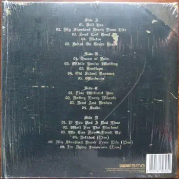 <u>PRESSING INFO</u><br><table class=inf_press><tbody><tr class=inf_info><td class=inf_title>Album:</td><td class=inf_info> Remains on Black | Black (Retail Exclusive)  </td></tr>
    <td class=inf_title>Pressing:</td><td> Fourth Pressing /??  </td></tr>
    <td class=inf_title>Release Date:</td><td> Feb. 3rd 2023  </td></tr>
    <td class=inf_title>Album Pressed:</td><td> 2023  </td></tr>
    <td class=inf_title>Label:</td><td> Vagrant Records/BMG 538803950  </td></tr>
    <td class=inf_title>Insert:</td><td> none  </td></tr>
    <td class=inf_title>Barcode:</td><td> 4 050538-803952  </td></tr>
    <td class=inf_title>Side A Matrix:</td><td> 1D-97215 / 538803950 - A 251682E1/A  </td></tr>
    <td class=inf_title>Side B Matrix:</td><td> 1D-97215 / 538803950 - B 251682E2/A  </td></tr>
    <td class=inf_title>Side C Matrix:</td><td> 10-97215 / 538803950 - C 251682E3/A  </td></tr>
    <td class=inf_title>Side D Matrix:</td><td> 10-97215 / 538803950 - D 251682E4/A  </td></tr>
    <td class=inf_title>&nbsp;</td><td> <a href=https://www.discogs.com/release/25982674 target=_blank rel=noopener noreferrer>View This Release on Discogs</a>  </tr></tbody></table>
<br><u>PRICING</u><span class='less' style='padding-left: 8px; color: var(--font-colour_grey);'>(prices shown in USD)</span><br><table class='inf_press'><tbody><tr class='inf_info'>
            <td class='inf_title'>Last Sold:</td>
            <td>$30.00 (Jun 27, 2026)</td>
            </tr><tr class='inf_info'>
            <td class='inf_title'>History:</td>
            <td>
                <span class='price-low' title='Sold on Apr 20, 2025'>Low: <span class='price-value'>$10.21</span></span>
                <span class='price-separator'>|</span>
                <span class='price-avg'>Avg: <span class='price-value'>$35.55</span></span>
                <span class='price-separator'>|</span>
                <span class='price-high' title='€45.00 · Sold on Oct 31, 2024'>High: <span class='price-value'>$51.25</span></span>
            </td>
            </tr></tbody></table><br>    <br><br><u>TRACKLIST</u><br><table class='inf_tracks'><tbody><tr>
            <td class='inf_num'>A1</td>
            <td class='inf_trk'>Hell Yes</td>
            <td class='inf_len'>3:49</td>
            <td><a href='#' class='lyric-link' data-album-code='remains' data-song-title='Hell Yes'>Lyrics</a></td></tr><tr>
            <td class='inf_num'>A2</td>
            <td class='inf_trk'>My Standard Break From Life</td>
            <td class='inf_len'>2:34</td>
            <td><a href='#' class='lyric-link' data-album-code='remains' data-song-title='My Standard Break From Life'>Lyrics</a></td></tr><tr>
            <td class='inf_num'>A3</td>
            <td class='inf_trk'>Dead End Road</td>
            <td class='inf_len'>3:08</td>
            <td><a href='#' class='lyric-link' data-album-code='remains' data-song-title='Dead End Road'>Lyrics</a></td></tr><tr>
            <td class='inf_num'>A4</td>
            <td class='inf_trk'>Metro</td>
            <td class='inf_len'>3:41</td>
            <td><a href='#' class='lyric-link' data-album-code='remains' data-song-title='Metro'>Lyrics</a></td></tr><tr>
            <td class='inf_num'>A5</td>
            <td class='inf_trk'>Jaked On Green Beers</td>
            <td class='inf_len'>3:27</td>
            <td><a href='#' class='lyric-link' data-album-code='remains' data-song-title='Jaked On Green Beers'>Lyrics</a></td></tr><tr>
            <td class='inf_num'>B1</td>
            <td class='inf_trk'>Queen Of Pain</td>
            <td class='inf_len'>3:56</td>
            <td><a href='#' class='lyric-link' data-album-code='remains' data-song-title='Queen Of Pain'>Lyrics</a></td></tr><tr>
            <td class='inf_num'>B2</td>
            <td class='inf_trk'>While You’re Waiting</td>
            <td class='inf_len'>4:06</td>
            <td><a href='#' class='lyric-link' data-album-code='remains' data-song-title='While You’re Waiting'>Lyrics</a></td></tr><tr>
            <td class='inf_num'>B3</td>
            <td class='inf_trk'>Rooftops</td>
            <td class='inf_len'>2:15</td>
            <td><a href='#' class='lyric-link' data-album-code='remains' data-song-title='Rooftops'>Lyrics</a></td></tr><tr>
            <td class='inf_num'>B4</td>
            <td class='inf_trk'>Old School Reasons</td>
            <td class='inf_len'>2:51</td>
            <td><a href='#' class='lyric-link' data-album-code='remains' data-song-title='Old School Reasons'>Lyrics</a></td></tr><tr>
            <td class='inf_num'>B5</td>
            <td class='inf_trk'>Warbrain</td>
            <td class='inf_len'>2:28</td>
            <td><a href='#' class='lyric-link' data-album-code='remains' data-song-title='Warbrain'>Lyrics</a></td></tr><tr>
            <td class='inf_num'>C1</td>
            <td class='inf_trk'>Fine Without You</td>
            <td class='inf_len'>3:15</td>
            <td><a href='#' class='lyric-link' data-album-code='remains' data-song-title='Fine Without You'>Lyrics</a></td></tr><tr>
            <td class='inf_num'>C2</td>
            <td class='inf_trk'>Hating Every Minute</td>
            <td class='inf_len'>3:03</td>
            <td><a href='#' class='lyric-link' data-album-code='remains' data-song-title='Hating Every Minute'>Lyrics</a></td></tr><tr>
            <td class='inf_num'>C3</td>
            <td class='inf_trk'>Dead And Broken</td>
            <td class='inf_len'>2:09</td>
            <td><a href='#' class='lyric-link' data-album-code='remains' data-song-title='Dead And Broken'>Lyrics</a></td></tr><tr>
            <td class='inf_num'>C4</td>
            <td class='inf_trk'>Sadie</td>
            <td class='inf_len'>4:38</td>
            <td><a href='#' class='lyric-link' data-album-code='remains' data-song-title='Sadie'>Lyrics</a></td></tr><tr>
            <td class='inf_num'>D1</td>
            <td class='inf_trk'>If You Had A Bad Time</td>
            <td class='inf_len'>3:38</td>
            <td><a href='#' class='lyric-link' data-album-code='remains' data-song-title='If You Had A Bad Time'>Lyrics</a></td></tr><tr>
            <td class='inf_num'>D2</td>
            <td class='inf_trk'>Wait For The Blackout</td>
            <td class='inf_len'>3:28</td>
            <td><a href='#' class='lyric-link' data-album-code='remains' data-song-title='Wait For The Blackout'>Lyrics</a></td></tr><tr>
            <td class='inf_num'>D3</td>
            <td class='inf_trk'>We Can Never Break Up</td>
            <td class='inf_len'>3:10</td>
            <td><a href='#' class='lyric-link' data-album-code='remains' data-song-title='We Can Never Break Up'>Lyrics</a></td></tr><tr>
            <td class='inf_num'>D4</td>
            <td class='inf_trk'>Dethbed (Live)</td>
            <td class='inf_len'>3:12</td>
            <td><a href='#' class='lyric-link' data-album-code='remains' data-song-title='Dethbed (Live)'>Lyrics</a></td></tr><tr>
            <td class='inf_num'>D5</td>
            <td class='inf_trk'>My Standard Break From Life (Live Acoustic)</td>
            <td class='inf_len'>3:42</td>
            <td><a href='#' class='lyric-link' data-album-code='remains' data-song-title='My Standard Break From Life (Live Acoustic)'>Lyrics</a></td></tr><tr>
            <td class='inf_num'>D6</td>
            <td class='inf_trk'>I’m Dying Tomorrow (Live)</td>
            <td class='inf_len'>2:31</td>
            <td><a href='#' class='lyric-link' data-album-code='remains' data-song-title='I’m Dying Tomorrow (Live)'>Lyrics</a></td></tr></tbody></table><br><br>
    <u>NOTES</u><br> Indie/Retail Exclusive. Vagrant 25th hype sticker states Limited Vinyl Color although its a standard Black press. Tri-fold jacket with an affixed booklet on the center panel. This pressing is missing 2 songs from the earlier pressings. 'Buried' on side B, and 'Don't Say You Won't' on side C are both absent. 
 - Back