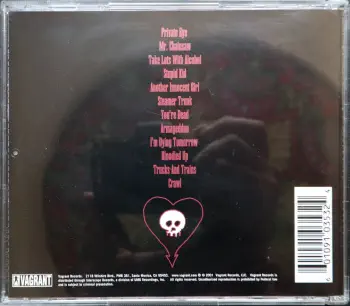 <u>PRESSING INFO</u><br><table class=inf_press><tbody><tr class=inf_info><td class=inf_title>Album:</td><td class=inf_info> From Here To Infirmary (USA INO2 Edition) </td></tr>
    <td class=inf_title>Pressing:</td><td> CD </td></tr>
    <td class=inf_title>Release Date:</td><td> Apr. 3rd 2001  </td></tr>
    <td class=inf_title>Label:</td><td> Vagrant Records  </td></tr>
    <td class=inf_title>Catalog Number:</td><td> VR353 IN02 </td></tr>
    <td class=inf_title>Barcode:</td><td> 6 01091 03532 4  </td></tr>
    <td class=inf_title>&nbsp;</td><td> <a href=https://www.discogs.com/release/11550652 target=_blank rel=noopener noreferrer>View This Release on Discogs</a> </tr></tbody></table>
    <br><br><u>TRACKLIST</u><br><table class='inf_tracks'><tbody><tr>
            <td class='inf_num'>1</td>
            <td class='inf_trk'>Private Eye</td>
            <td class='inf_len'>3:30</td>
            <td><a href='#' class='lyric-link' data-album-code='fhti' data-song-title='Private Eye'>Lyrics</a></td></tr><tr>
            <td class='inf_num'>2</td>
            <td class='inf_trk'>Mr. Chainsaw</td>
            <td class='inf_len'>3:05</td>
            <td><a href='#' class='lyric-link' data-album-code='fhti' data-song-title='Mr. Chainsaw'>Lyrics</a></td></tr><tr>
            <td class='inf_num'>3</td>
            <td class='inf_trk'>Take Lots With Alcohol</td>
            <td class='inf_len'>3:13</td>
            <td><a href='#' class='lyric-link' data-album-code='fhti' data-song-title='Take Lots With Alcohol'>Lyrics</a></td></tr><tr>
            <td class='inf_num'>4</td>
            <td class='inf_trk'>Stupid Kid</td>
            <td class='inf_len'>2:23</td>
            <td><a href='#' class='lyric-link' data-album-code='fhti' data-song-title='Stupid Kid'>Lyrics</a></td></tr><tr>
            <td class='inf_num'>5</td>
            <td class='inf_trk'>Another Innocent Girl</td>
            <td class='inf_len'>3:37</td>
            <td><a href='#' class='lyric-link' data-album-code='fhti' data-song-title='Another Innocent Girl'>Lyrics</a></td></tr><tr>
            <td class='inf_num'>6</td>
            <td class='inf_trk'>Steamer Trunk</td>
            <td class='inf_len'>2:50</td>
            <td><a href='#' class='lyric-link' data-album-code='fhti' data-song-title='Steamer Trunk'>Lyrics</a></td></tr><tr>
            <td class='inf_num'>7</td>
            <td class='inf_trk'>You’re Dead</td>
            <td class='inf_len'>3:50</td>
            <td><a href='#' class='lyric-link' data-album-code='fhti' data-song-title='You’re Dead'>Lyrics</a></td></tr><tr>
            <td class='inf_num'>8</td>
            <td class='inf_trk'>Armageddon</td>
            <td class='inf_len'>2:49</td>
            <td><a href='#' class='lyric-link' data-album-code='fhti' data-song-title='Armageddon'>Lyrics</a></td></tr><tr>
            <td class='inf_num'>9</td>
            <td class='inf_trk'>I’m Dying Tomorrow</td>
            <td class='inf_len'>2:18</td>
            <td><a href='#' class='lyric-link' data-album-code='fhti' data-song-title='I’m Dying Tomorrow'>Lyrics</a></td></tr><tr>
            <td class='inf_num'>10</td>
            <td class='inf_trk'>Bloodied Up</td>
            <td class='inf_len'>2:51</td>
            <td><a href='#' class='lyric-link' data-album-code='fhti' data-song-title='Bloodied Up'>Lyrics</a></td></tr><tr>
            <td class='inf_num'>11</td>
            <td class='inf_trk'>Trucks And Trains</td>
            <td class='inf_len'>3:16</td>
            <td><a href='#' class='lyric-link' data-album-code='fhti' data-song-title='Trucks And Trains'>Lyrics</a></td></tr><tr>
            <td class='inf_num'>12</td>
            <td class='inf_trk'>Crawl</td>
            <td class='inf_len'>4:25</td>
            <td><a href='#' class='lyric-link' data-album-code='fhti' data-song-title='Crawl'>Lyrics</a></td></tr></tbody></table><br><br>
    <u>NOTES</u><br> 
 - Back