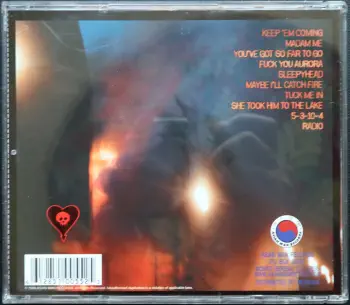 <u>PRESSING INFO</u><br><table class=inf_press><tbody><tr class=inf_info><td class=inf_title>Album:</td><td class=inf_info> Maybe I'll Catch Fire (USA Edition) </td></tr>
    <td class=inf_title>Pressing:</td><td> CD </td></tr>
    <td class=inf_title>Release Date:</td><td> Mar. 14th 2000  </td></tr>
    <td class=inf_title>Label:</td><td> Asian Man Records  </td></tr>
    <td class=inf_title>Catalog Number:</td><td> AMR-055 </td></tr>
    <td class=inf_title>Barcode:</td><td> 6 12851-00552 5  </td></tr>
    <td class=inf_title>&nbsp;</td><td> <a href=https://www.discogs.com/release/15072061 target=_blank rel=noopener noreferrer>View This Release on Discogs</a> </tr></tbody></table>
    <br><br><u>TRACKLIST</u><br><table class='inf_tracks'><tbody><tr>
            <td class='inf_num'>1</td>
            <td class='inf_trk'>Keep ’Em Coming</td>
            <td class='inf_len'>4:10</td>
            <td><a href='#' class='lyric-link' data-album-code='micf' data-song-title='Keep ’Em Coming'>Lyrics</a></td></tr><tr>
            <td class='inf_num'>2</td>
            <td class='inf_trk'>Madam Me</td>
            <td class='inf_len'>2:59</td>
            <td><a href='#' class='lyric-link' data-album-code='micf' data-song-title='Madam Me'>Lyrics</a></td></tr><tr>
            <td class='inf_num'>3</td>
            <td class='inf_trk'>You’ve Got So Far To Go</td>
            <td class='inf_len'>3:14</td>
            <td><a href='#' class='lyric-link' data-album-code='micf' data-song-title='You’ve Got So Far To Go'>Lyrics</a></td></tr><tr>
            <td class='inf_num'>4</td>
            <td class='inf_trk'>Fuck You Aurora</td>
            <td class='inf_len'>4:49</td>
            <td><a href='#' class='lyric-link' data-album-code='micf' data-song-title='Fuck You Aurora'>Lyrics</a></td></tr><tr>
            <td class='inf_num'>5</td>
            <td class='inf_trk'>Sleepyhead</td>
            <td class='inf_len'>3:56</td>
            <td><a href='#' class='lyric-link' data-album-code='micf' data-song-title='Sleepyhead'>Lyrics</a></td></tr><tr>
            <td class='inf_num'>6</td>
            <td class='inf_trk'>Maybe I’ll Catch Fire</td>
            <td class='inf_len'>3:07</td>
            <td><a href='#' class='lyric-link' data-album-code='micf' data-song-title='Maybe I’ll Catch Fire'>Lyrics</a></td></tr><tr>
            <td class='inf_num'>7</td>
            <td class='inf_trk'>Tuck Me In</td>
            <td class='inf_len'>2:39</td>
            <td><a href='#' class='lyric-link' data-album-code='micf' data-song-title='Tuck Me In'>Lyrics</a></td></tr><tr>
            <td class='inf_num'>8</td>
            <td class='inf_trk'>She Took Him To The Lake</td>
            <td class='inf_len'>2:40</td>
            <td><a href='#' class='lyric-link' data-album-code='micf' data-song-title='She Took Him To The Lake'>Lyrics</a></td></tr><tr>
            <td class='inf_num'>9</td>
            <td class='inf_trk'>5-3-10-4</td>
            <td class='inf_len'>2:56</td>
            <td><a href='#' class='lyric-link' data-album-code='micf' data-song-title='5-3-10-4'>Lyrics</a></td></tr><tr>
            <td class='inf_num'>10</td>
            <td class='inf_trk'>Radio</td>
            <td class='inf_len'>4:41</td>
            <td><a href='#' class='lyric-link' data-album-code='micf' data-song-title='Radio'>Lyrics</a></td></tr></tbody></table><br><br>
    <u>NOTES</u><br> 
 - Back