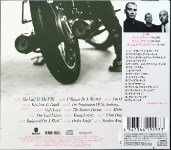 <u>PRESSING INFO</u><br><table class=inf_press><tbody><tr class=inf_info><td class=inf_title>Album:</td><td class=inf_info> My Shame Is True (Japanese Edition) </td></tr>
    <td class=inf_title>Pressing:</td><td> CD </td></tr>
    <td class=inf_title>Release Date:</td><td> Apr. 2nd 2013  </td></tr>
    <td class=inf_title>Label:</td><td> Epitaph  </td></tr>
    <td class=inf_title>Catalog Number:</td><td> EICP-1576 </td></tr>
    <td class=inf_title>Barcode:</td><td> 4547366192933  </td></tr>
    <td class=inf_title>&nbsp;</td><td> <a href=https://www.discogs.com/release/4547393 target=_blank rel=noopener noreferrer>View This Release on Discogs</a> </tr></tbody></table>
    <br><br><u>TRACKLIST</u><br><table class='inf_tracks'><tbody><tr>
            <td class='inf_num'>1</td>
            <td class='inf_trk'>She Lied To The FBI</td>
            <td class='inf_len'>2:49</td>
            <td><a href='#' class='lyric-link' data-album-code='msit' data-song-title='She Lied To The FBI'>Lyrics</a></td></tr><tr>
            <td class='inf_num'>2</td>
            <td class='inf_trk'>I Wanna Be A Warhol</td>
            <td class='inf_len'>3:07</td>
            <td><a href='#' class='lyric-link' data-album-code='msit' data-song-title='I Wanna Be A Warhol'>Lyrics</a></td></tr><tr>
            <td class='inf_num'>3</td>
            <td class='inf_trk'>I’m Only Here To Disappoint</td>
            <td class='inf_len'>2:46</td>
            <td><a href='#' class='lyric-link' data-album-code='msit' data-song-title='I’m Only Here To Disappoint'>Lyrics</a></td></tr><tr>
            <td class='inf_num'>4</td>
            <td class='inf_trk'>Kiss You To Death</td>
            <td class='inf_len'>3:21</td>
            <td><a href='#' class='lyric-link' data-album-code='msit' data-song-title='Kiss You To Death'>Lyrics</a></td></tr><tr>
            <td class='inf_num'>5</td>
            <td class='inf_trk'>The Temptation Of St. Anthony</td>
            <td class='inf_len'>3:35</td>
            <td><a href='#' class='lyric-link' data-album-code='msit' data-song-title='The Temptation Of St. Anthony'>Lyrics</a></td></tr><tr>
            <td class='inf_num'>6</td>
            <td class='inf_trk'>I, Pessimist</td>
            <td class='inf_len'>2:11</td>
            <td><a href='#' class='lyric-link' data-album-code='msit' data-song-title='I, Pessimist'>Lyrics</a></td></tr><tr>
            <td class='inf_num'>7</td>
            <td class='inf_trk'>Only Love</td>
            <td class='inf_len'>4:36</td>
            <td><a href='#' class='lyric-link' data-album-code='msit' data-song-title='Only Love'>Lyrics</a></td></tr><tr>
            <td class='inf_num'>8</td>
            <td class='inf_trk'>The Torture Doctor</td>
            <td class='inf_len'>3:38</td>
            <td><a href='#' class='lyric-link' data-album-code='msit' data-song-title='The Torture Doctor'>Lyrics</a></td></tr><tr>
            <td class='inf_num'>9</td>
            <td class='inf_trk'>Midnight Blue</td>
            <td class='inf_len'>2:45</td>
            <td><a href='#' class='lyric-link' data-album-code='msit' data-song-title='Midnight Blue'>Lyrics</a></td></tr><tr>
            <td class='inf_num'>10</td>
            <td class='inf_trk'>One Last Dance</td>
            <td class='inf_len'>3:29</td>
            <td><a href='#' class='lyric-link' data-album-code='msit' data-song-title='One Last Dance'>Lyrics</a></td></tr><tr>
            <td class='inf_num'>11</td>
            <td class='inf_trk'>Young Lovers</td>
            <td class='inf_len'>3:31</td>
            <td><a href='#' class='lyric-link' data-album-code='msit' data-song-title='Young Lovers'>Lyrics</a></td></tr><tr>
            <td class='inf_num'>12</td>
            <td class='inf_trk'>Until Death Do Us Part</td>
            <td class='inf_len'>4:11</td>
            <td><a href='#' class='lyric-link' data-album-code='msit' data-song-title='Until Death Do Us Part'>Lyrics</a></td></tr><tr>
            <td class='inf_num'>13</td>
            <td class='inf_trk'>Balanced On A Shelf</td>
            <td class='inf_len'>4:06</td>
            <td><a href='#' class='lyric-link' data-album-code='msit' data-song-title='Balanced On A Shelf'>Lyrics</a></td></tr><tr>
            <td class='inf_num'>14</td>
            <td class='inf_trk'>Pocket Knife</td>
            <td class='inf_len'>2:43</td>
            <td><a href='#' class='lyric-link' data-album-code='msit' data-song-title='Pocket Knife'>Lyrics</a></td></tr><tr>
            <td class='inf_num'>15</td>
            <td class='inf_trk'>Broken Wing</td>
            <td class='inf_len'>3:28</td>
            <td><a href='#' class='lyric-link' data-album-code='msit' data-song-title='Broken Wing'>Lyrics</a></td></tr><tr>
            <td class='inf_num'>16</td>
            <td class='inf_trk'>Sun Burns</td>
            <td class='inf_len'>3:41</td>
            <td><a href='#' class='lyric-link' data-album-code='msit' data-song-title='Sun Burns'>Lyrics</a></td></tr></tbody></table><br><br>
    <u>NOTES</u><br> 
 - Back
